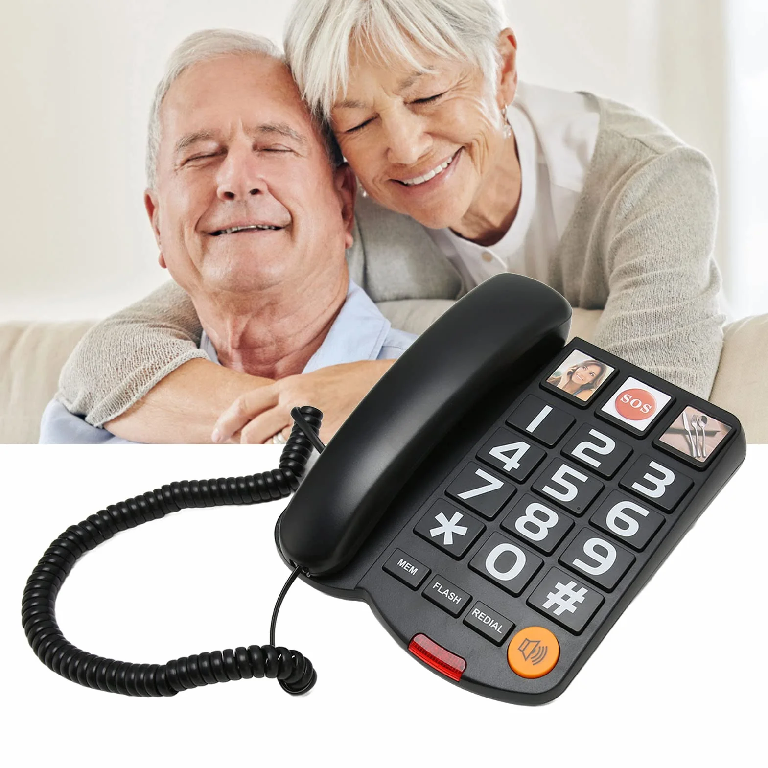Telefon przewodowy z dużym przyciskiem, wielofunkcyjny telefon stacjonarny z głośnikiem, obsługą SOS, pamięcią telefonu i szybkim wybieraniem, dla seniorów (czarny)