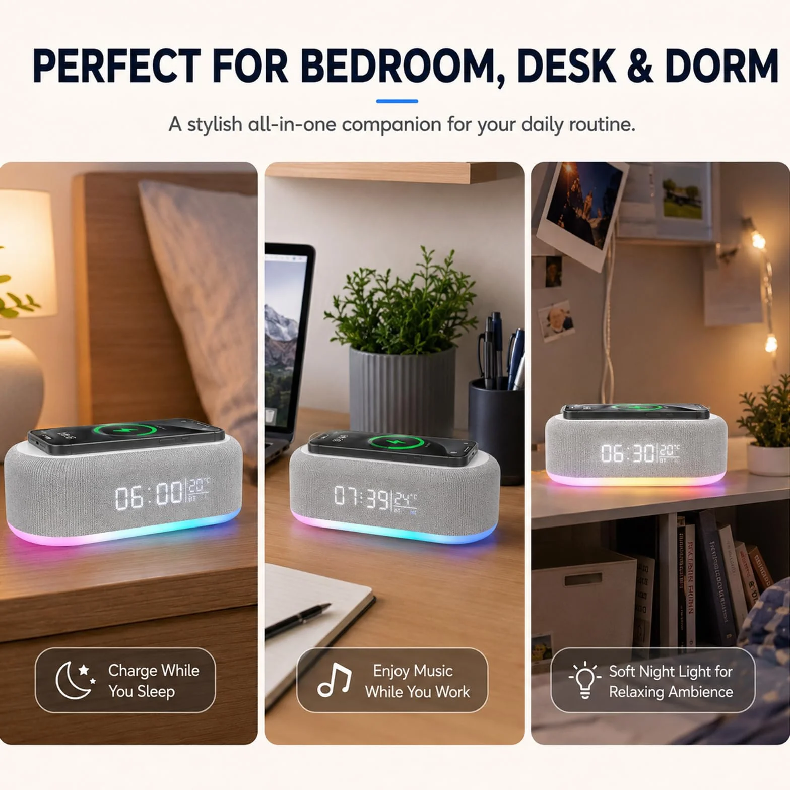 BYZESTY Radiobudzik Bluetooth z ładowaniem bezprzewodowym 15W, budzik radiowy cyfrowy, budzik audio Bluetooth cyfrowy 6 w 1 z światłem nocnym i zegarem, ładowarka USB do nocnego stoliku i biurka