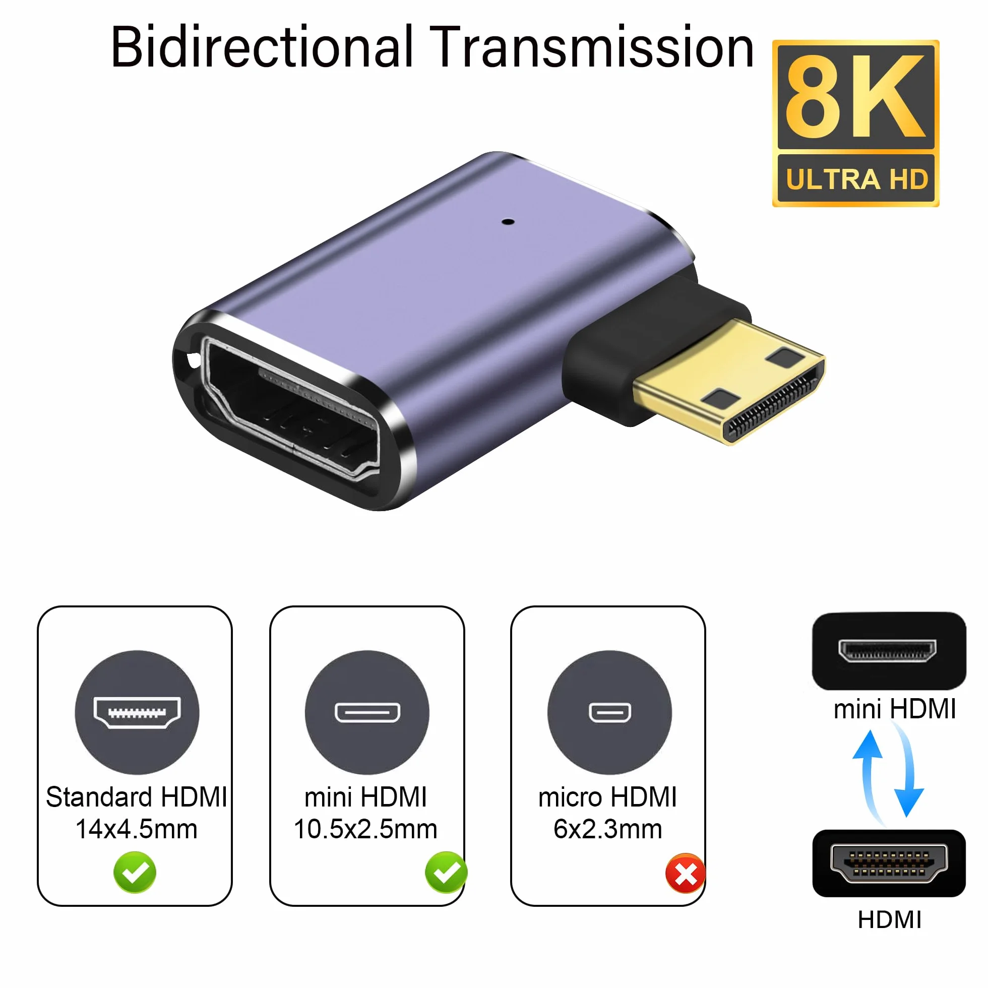 8K Mini HDMI Adapter 90 Stopni 2-Pack 48 Gb/s Kąt Lewy Mini HDMI Męski na HDMI Żeński 2.1