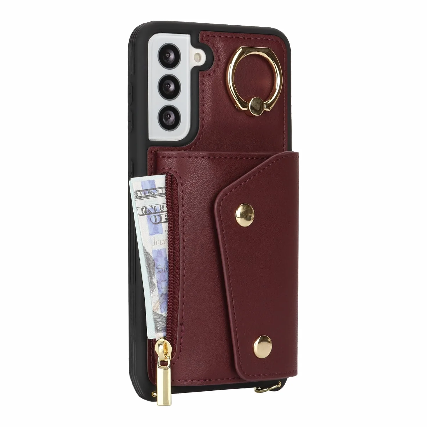 Lipvina Etui do Samsung Galaxy S21 FE etui z paskiem na karty, etui na telefon komórkowy Samsung Galaxy S21 FE z zamkiem błyskawicznym, z pierścieniem, stojakiem dla kobiet - czerwone