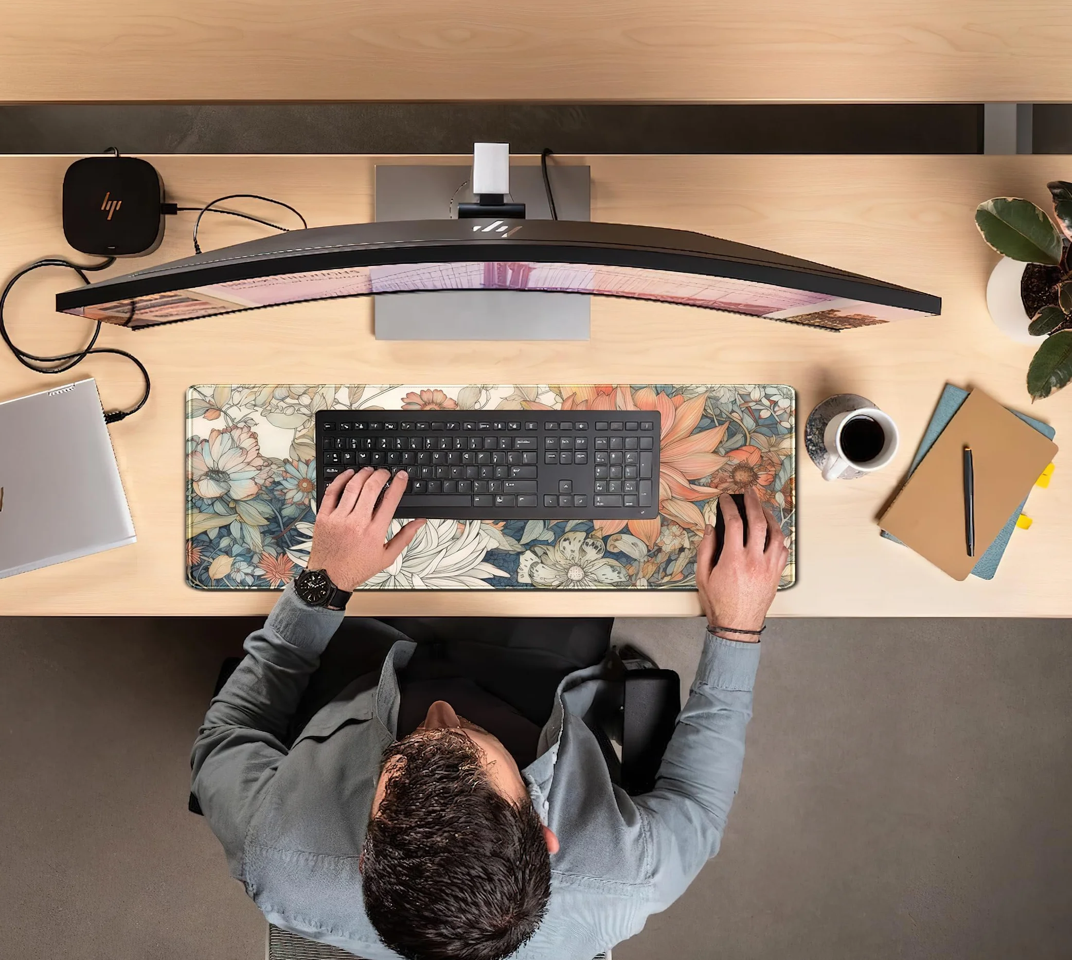 Japońska minimalistyczna kwiatowa mata na biurko estetyczna kwiaty XL duża rozszerzona podkładka pod mysz do gier z przeszytymi krawędziami, duży laptop klawiatura komputerowa i podkładka pod mysz dla
