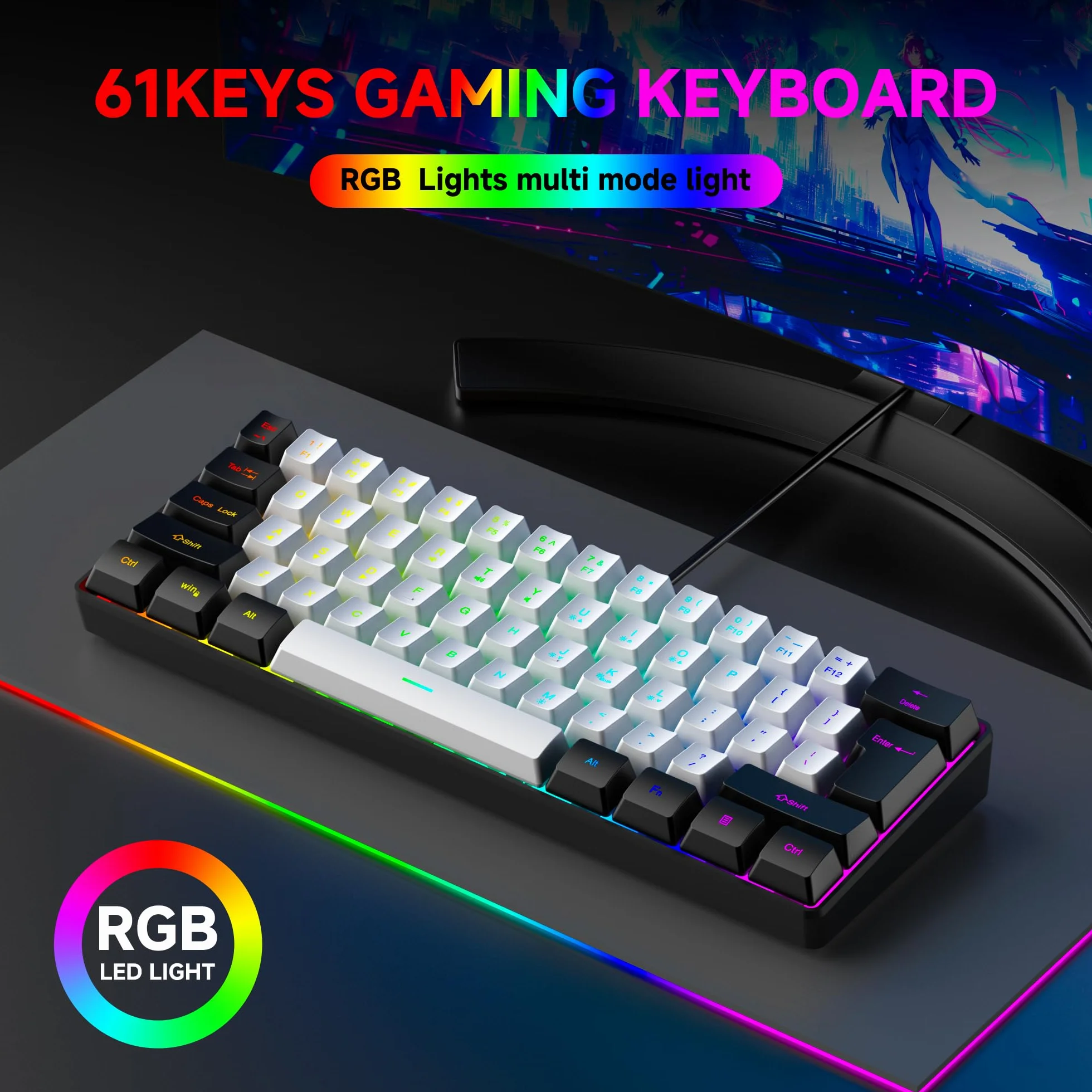 61-klawiszowa kompaktowa klawiatura do gier RGB, układ 60%, kompatybilna z USB-A i typu C, ergonomiczne klawisze membranowe, 8-kolorowe podświetlenie, Plug & Play, do PC/laptopa (Windows 10/8/7)