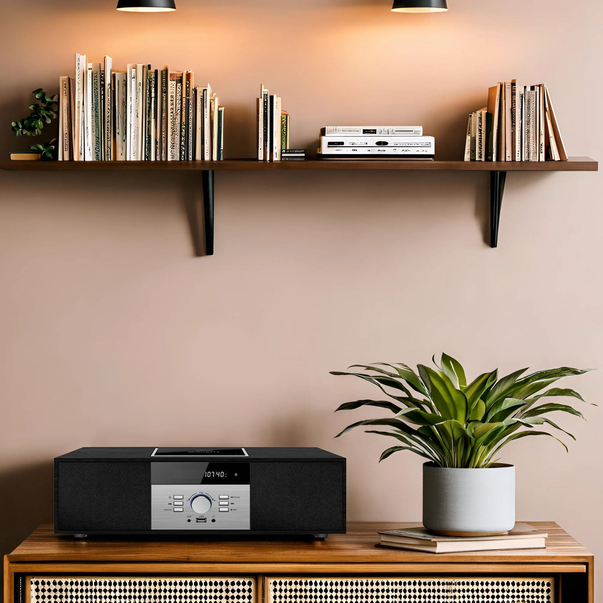 Kompaktowe urządzenia, nostalgiczny zestaw stereo Bluetooth do domu, WISCENT Vintage Micro HiFi Systems, odtwarzacz CD, z Bluetooth Audio Streaming, radio FM, złącze USB, wejście Aux-in, gniazdo