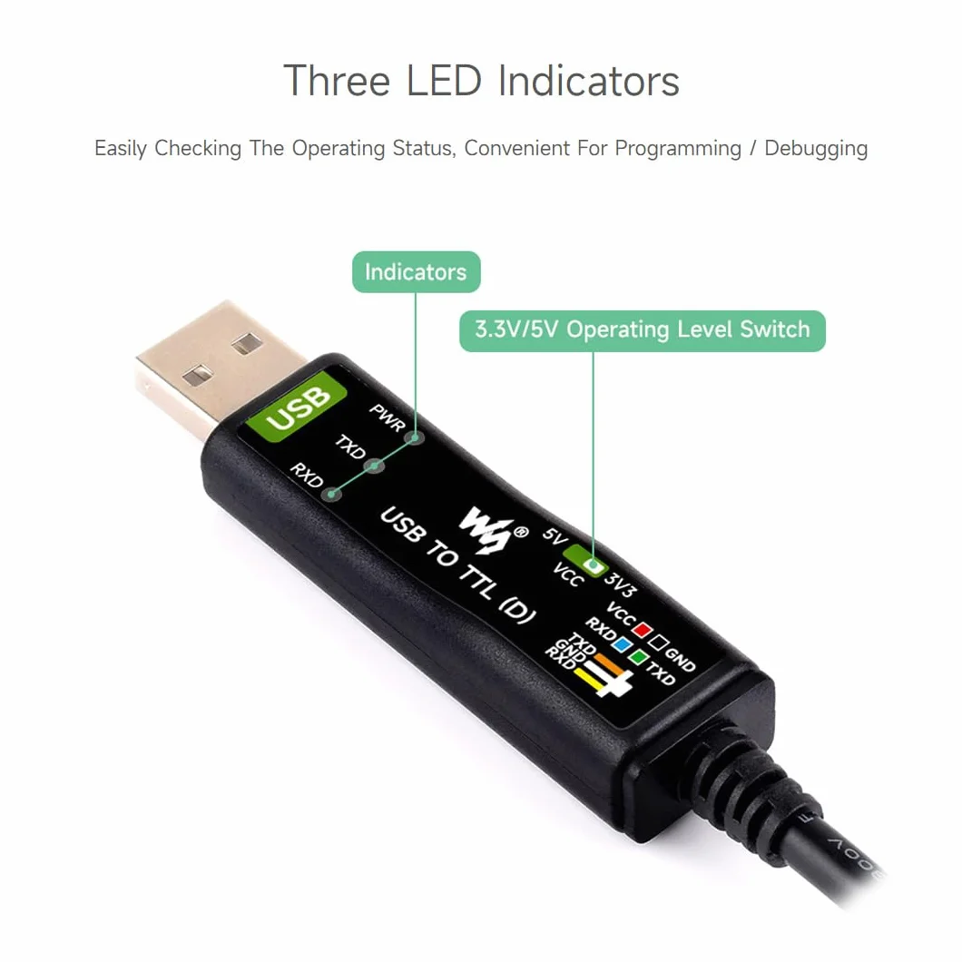 Waveshare Industrial USB TO TTL (D) Serial Cable, FT232RNL Chip, Multi Protection Circuits, for Win7/8/10/11/Mac/Linux, With 4pin Header+SH1.0 3PIN Connector, For Raspberry Pi 5 Serial Port Debugging