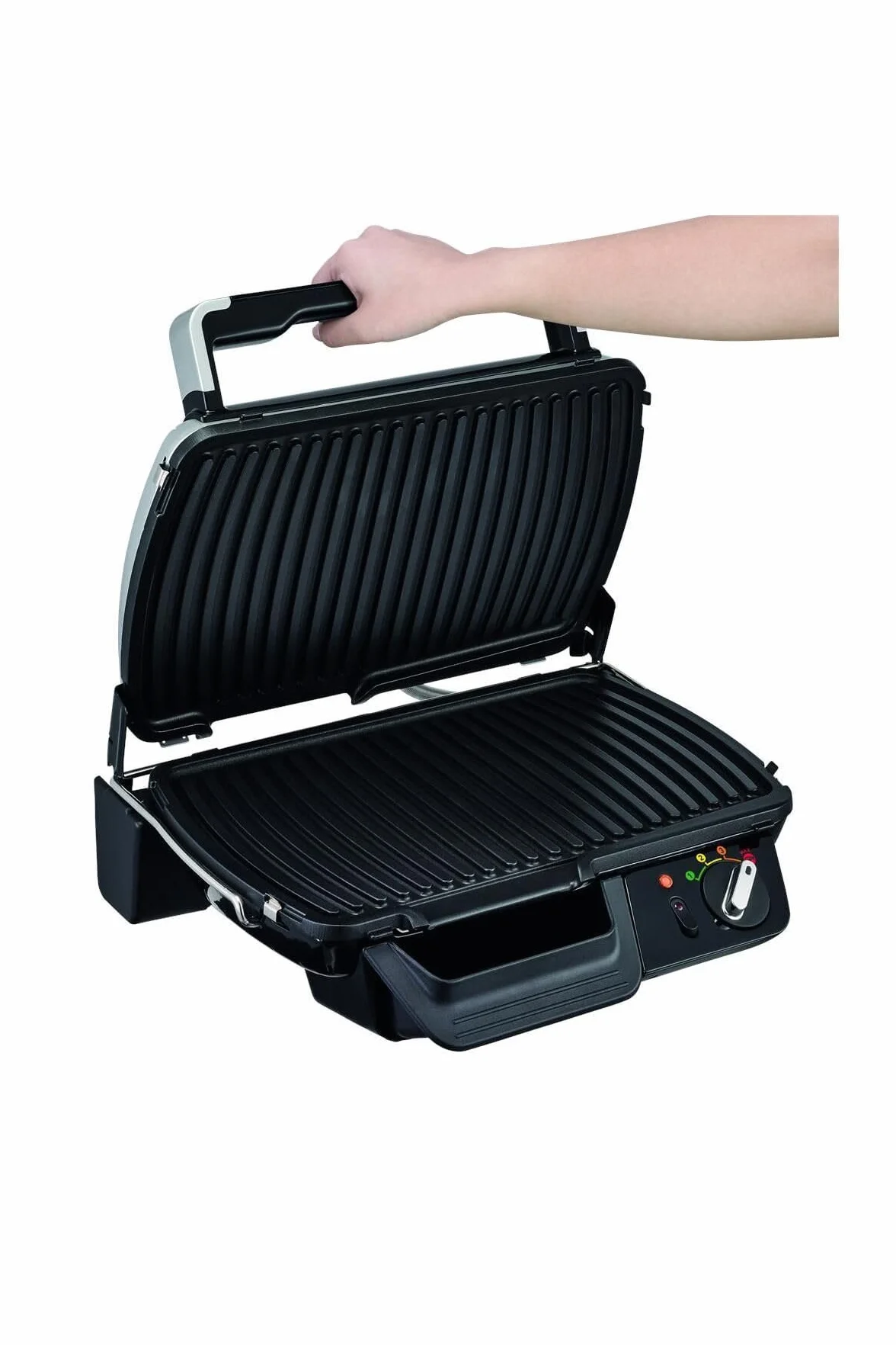 TEFAL GC461B SUPERGRILL XL grill elektryczny z timerem, 4-pozycyjny termostat, Cyfrowy timer, tryb MAX do mocnego obsmażania, moc 2400 W, powierzchnia grillowania XXL, duża tacka ociekowa, srebrny