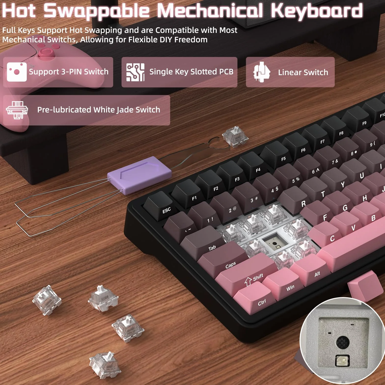 ATTACK SHARK X85 Uszczelka Klawiatura mechaniczna z pokrętłem, bezprzewodowa klawiatura do gier w trybie 75% (BT5.0/2.4G/USB-C) i pięciowarstwowa wyściółka, RGB, 5000 mAh, nadruk z boku (Fioletowy)
