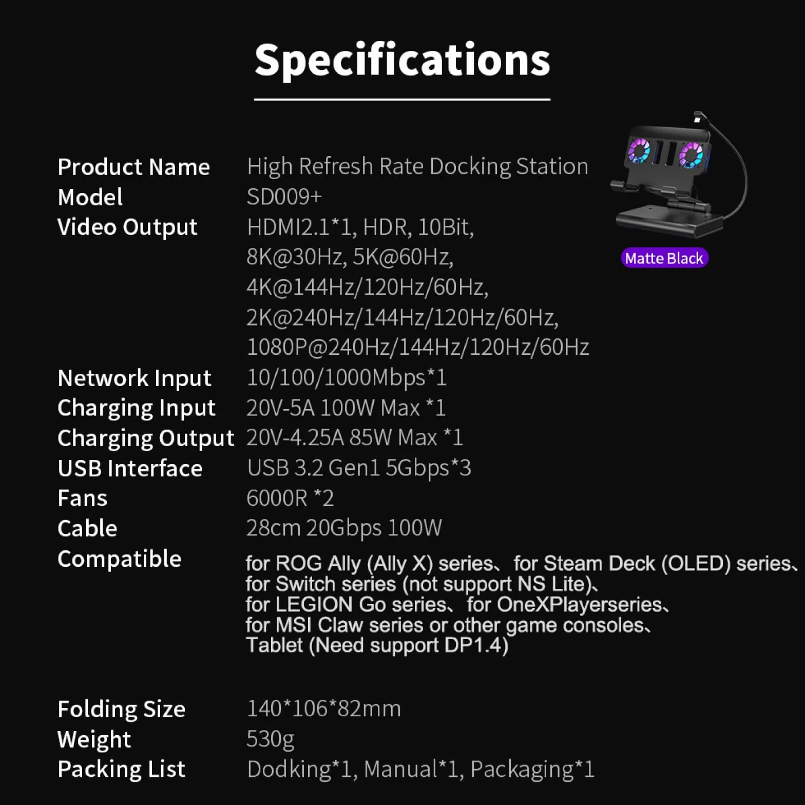 Stojak dokujący do ROG Ally X do Steam Deck, do MSI Claw, do LEGION Go z dwoma wentylatorami, 4K 144Hz HDMI 2.1 100 W PD USB 3.2 Gigabit Ethernet regulowana stacja (z lampami)