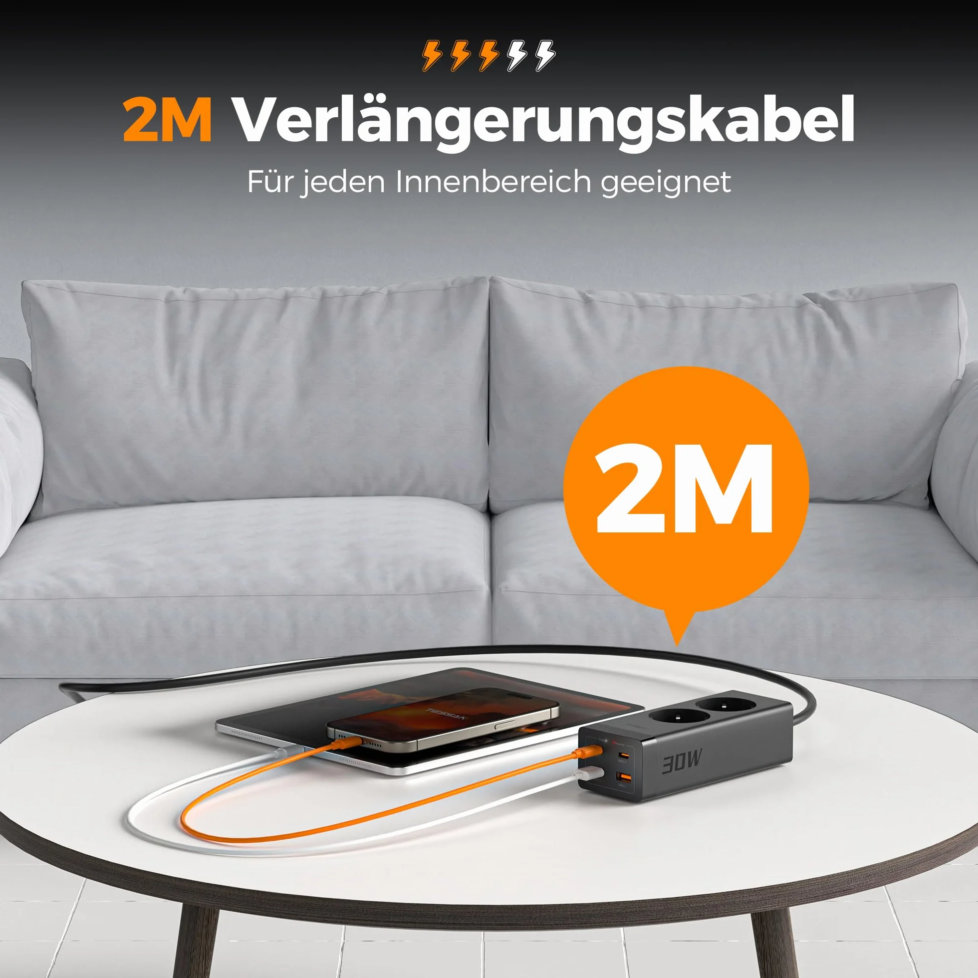 TESSAN 30W Listwa zasilające z USB C, GaN USB-C ładowanie szybkie 2 porty, przedłużacz 2 m i ochrona przed przepięciami, 3600W do biura