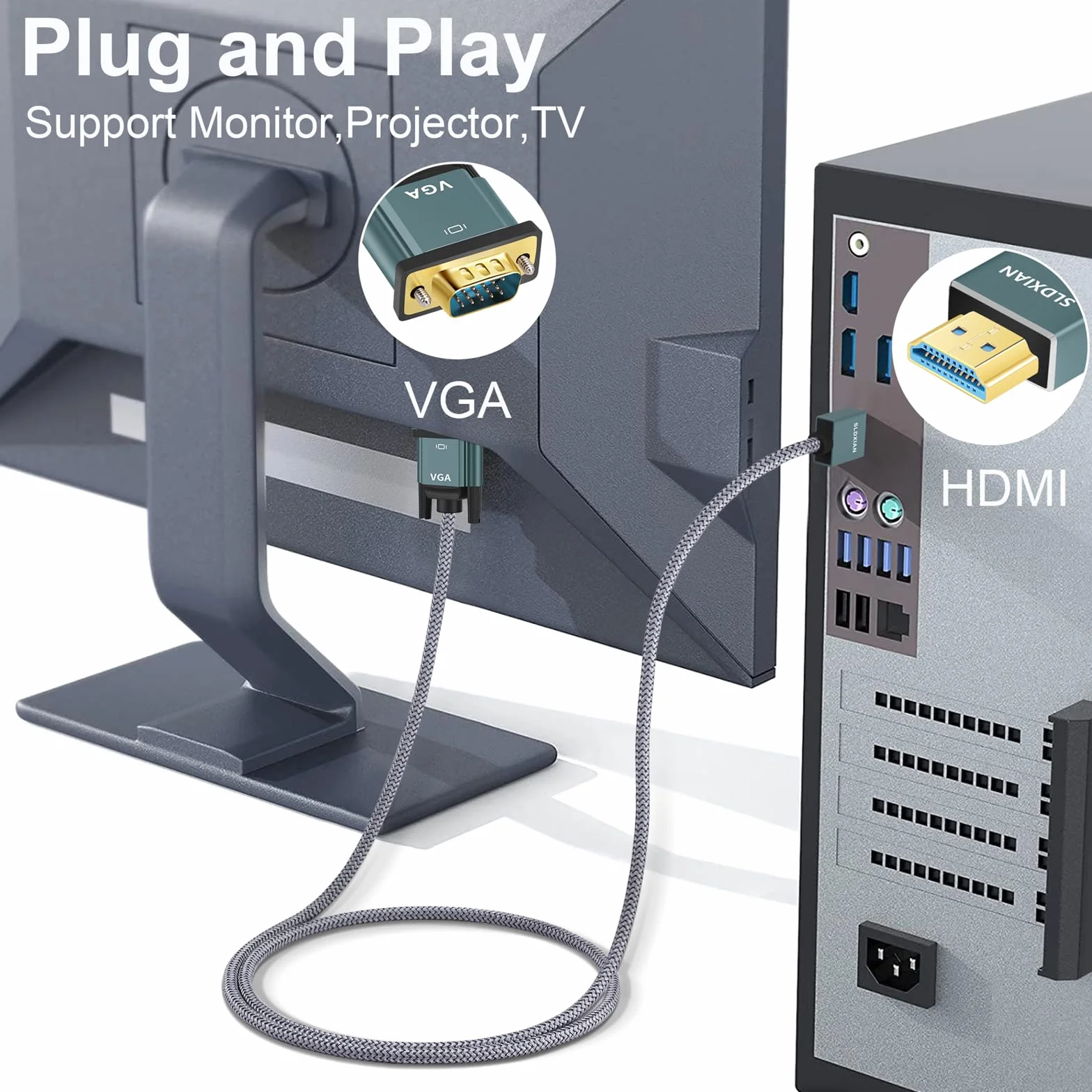 Kabel HDMI na VGA, kabel HDMI do VGA (wtyczka na wtyczkę) 1080P pozłacany i aluminiowa obudowa, konwerter nylonowy, pleciony, kompatybilny z komputerami stacjonarnymi, laptopami, komputerami,