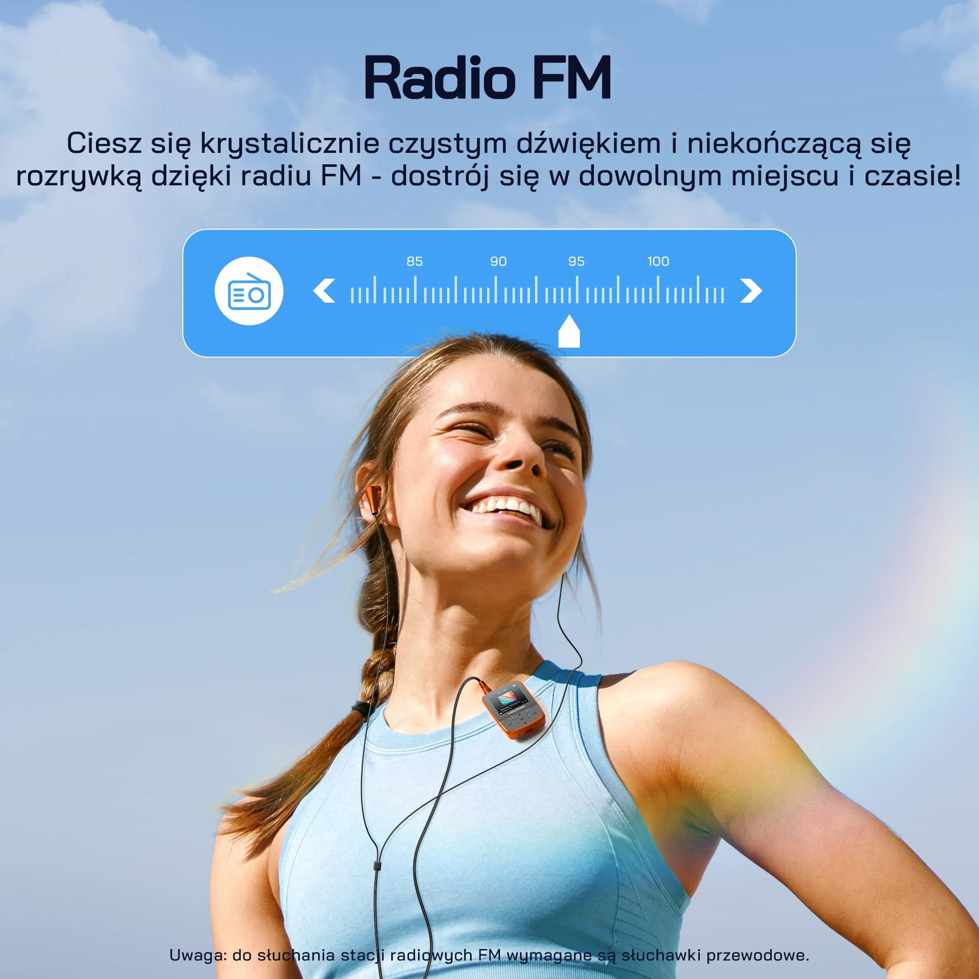 WOLFANG Odtwarzacze MP3 z Bluetooth 5.2, klips sportowy, mini rozmiar, waga 28 g, radio FM HiF, dyktafon, słuchawki w zestawie, pomarańczowe