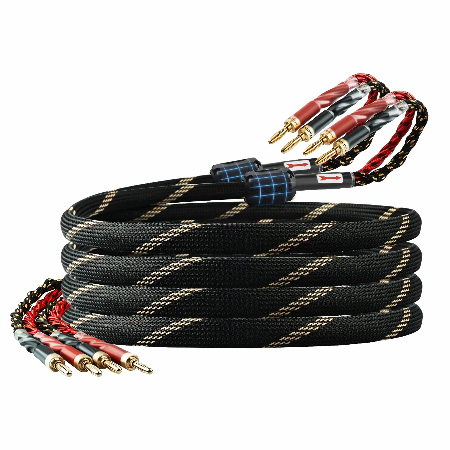Audiofilski kabel audio do głośników HiFi 10 AWG – rdzeń OFC 4N, pozłacane 24-karatowym złotem wtyki bananowe z nylonowym oplotem; kompatybilny ze wzmacniaczem, głośnikami, kinem domowym i
