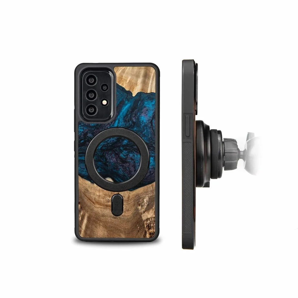 Unikalne etui kompatybilne z Samsung Galaxy A73 5G, ręcznie wykonane etui ochronne z naturalnego drewna i żywicy, wzór planety Neptuna, niebiesko-brązowe