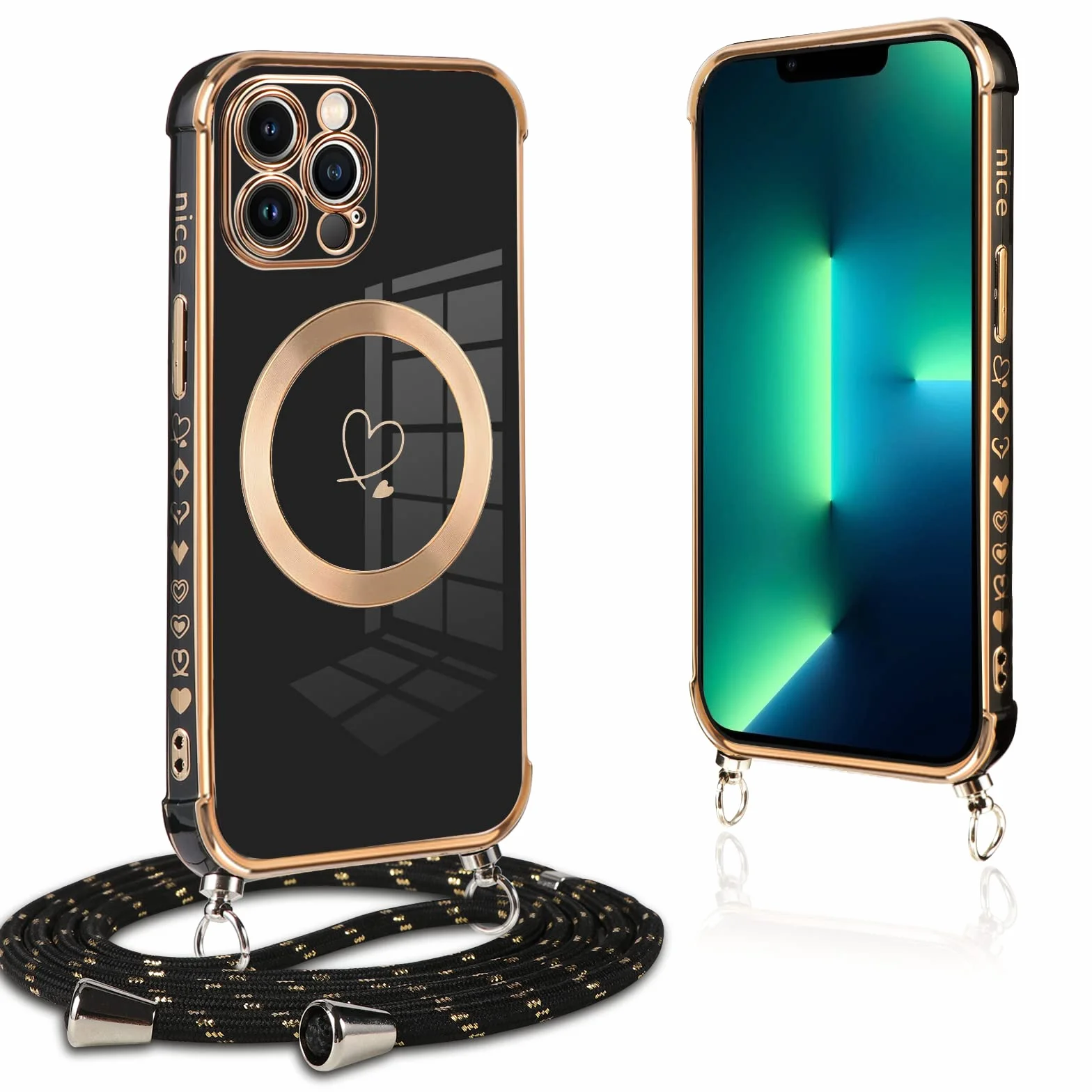 Pnakqil Silikonowe Etui z paskiem na ramię dla iPhone 13 Pro Max 6.7 Cal Czarny Elektrolityczne TPU Case