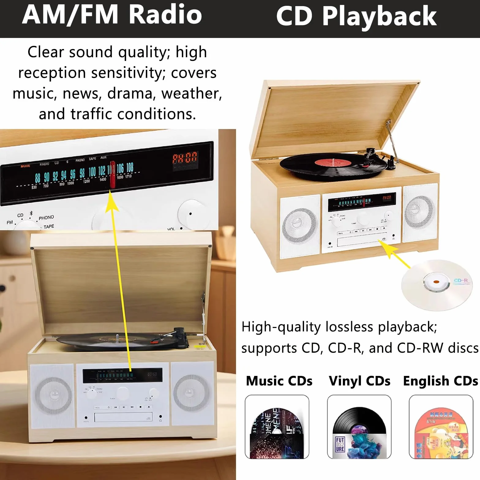 GZPKJ Gramofon Bluetooth, odtwarzacz CD i kasetowy, z radiem Am/FM, wejście/wyjściem audio, funkcją słuchawek, do muzyki, wiadomości, serii, informacji o pogodzie i ruchu