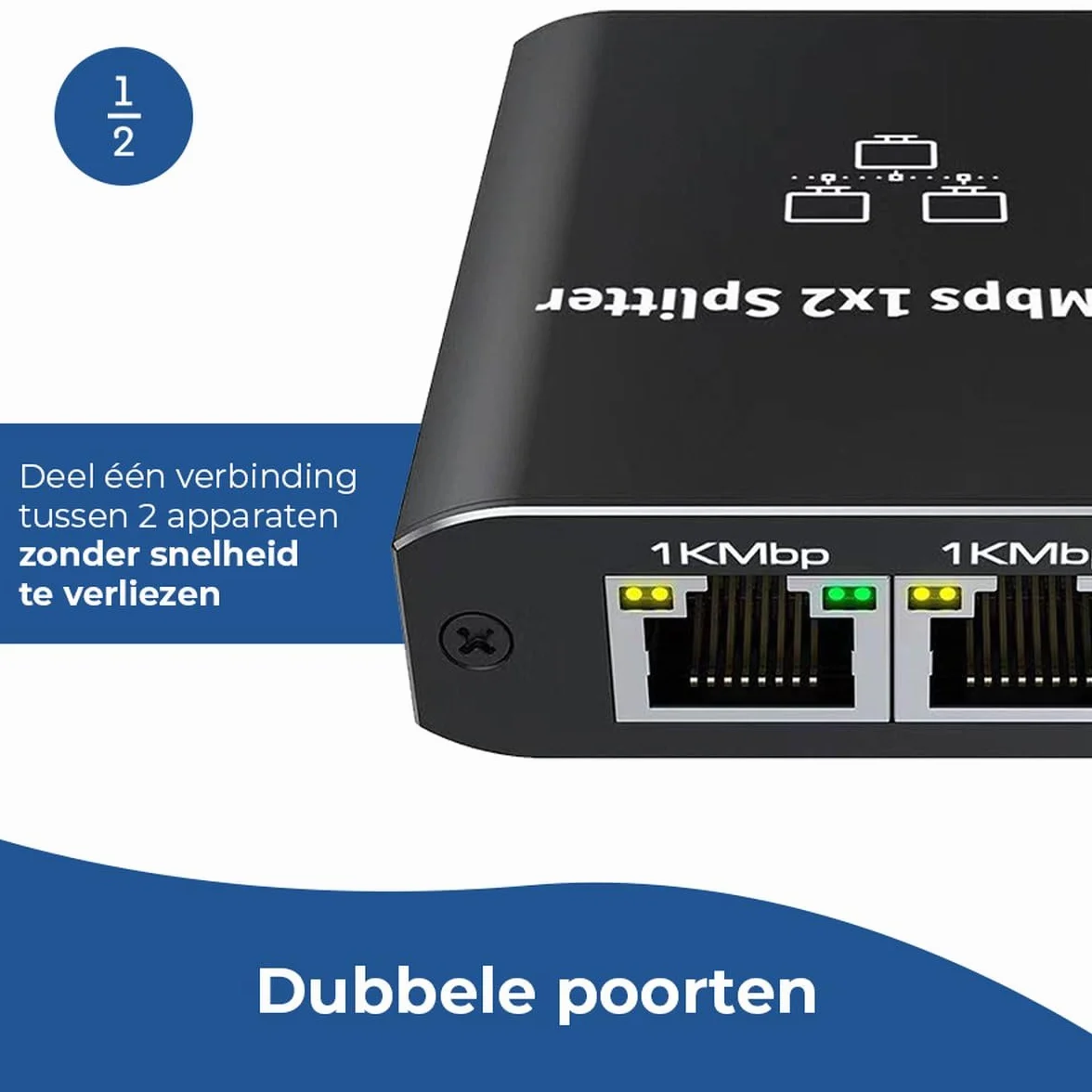 rozdzielacz Internetu, 2 porty, do 1000 Mb/s, od 1 do 2, LAN, UTP, RJ45, rozdzielacz sieci, rozdzielacz UTP, rozdzielacz Ethernet, przełącznik Ethernet, przełącznik sieciowy