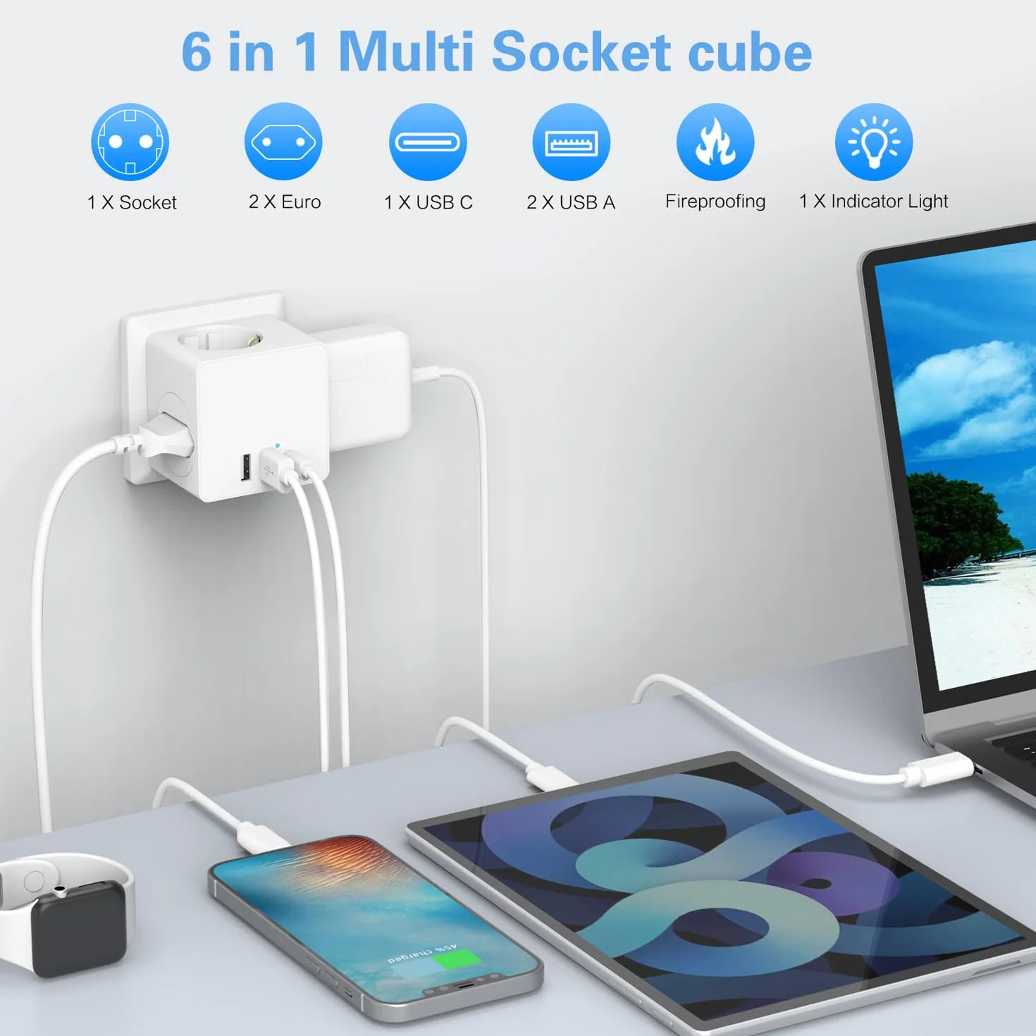 Kostka do gniazdka, bez kabla, z USB C, kostka z USB, 4000 W, listwa zasilająca Cube, listwa zasilająca do gniazdka, adapter do domu i biura