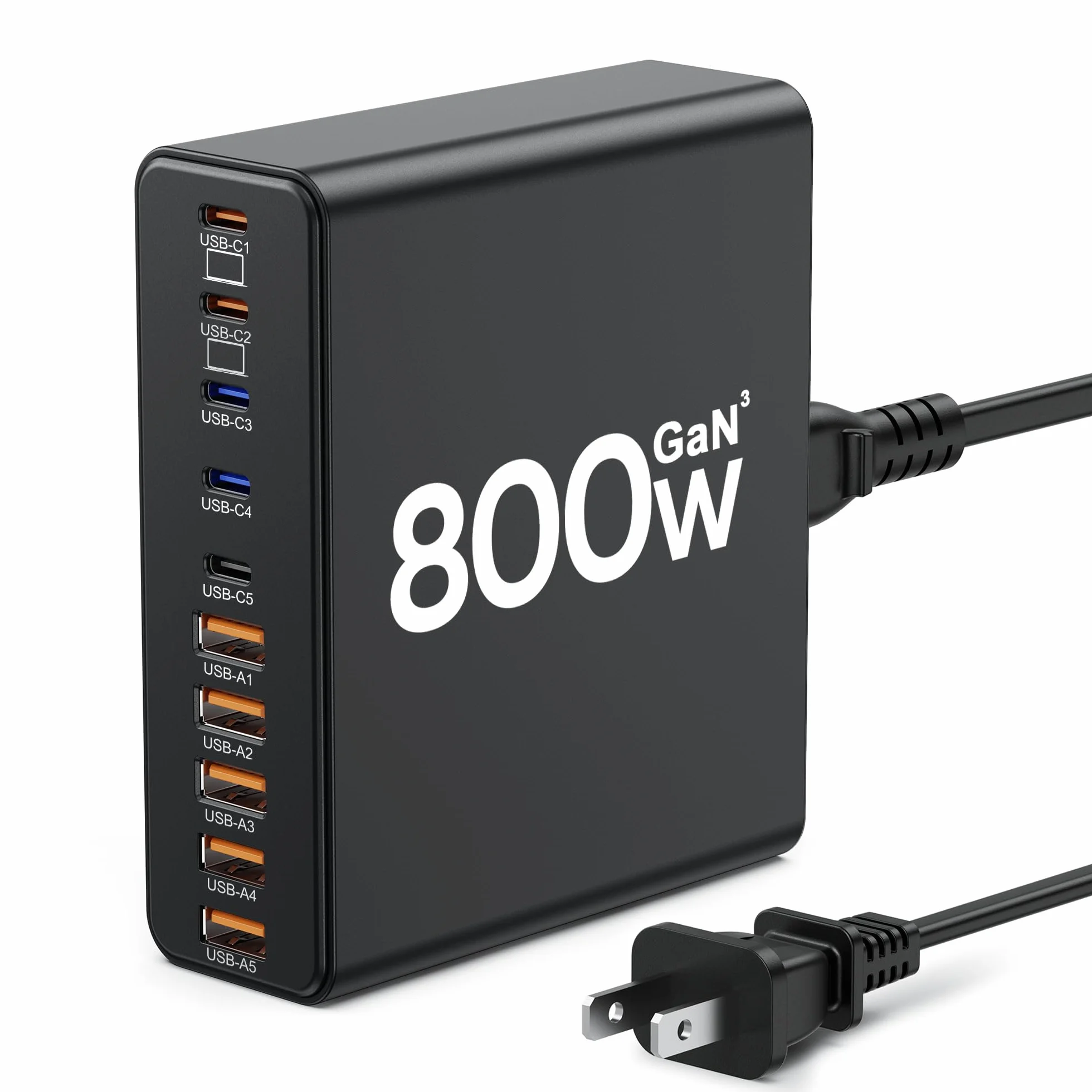 Blok ładujący USB C 800 W, 10-portowa stacja ładująca GaN typu C, adapter ładowarki ściennej USB A do MacBooka Pro/Air, iPhone, iPad, Dell XPS, Samsung Galaxy (czarny błyszczący)