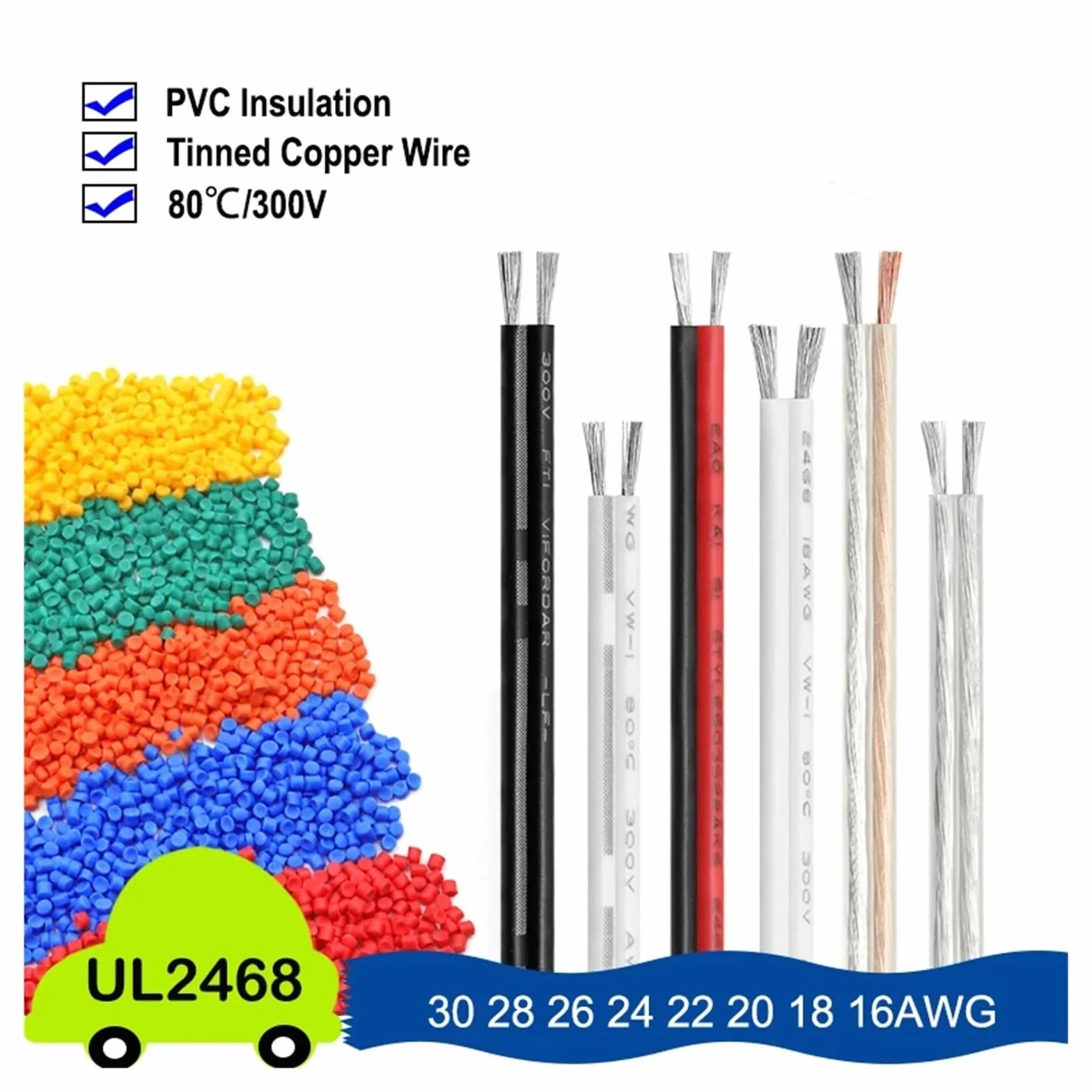 2~50 m UL2468 dwurdzeniowy kabel 30 28 26 24 22 20 18 16AWG OFC cynowana miedź w izolacji PVC przedłużacz elektryczny równoległy drut LED(White-White,50 meters,22AWG (0.3mm2))