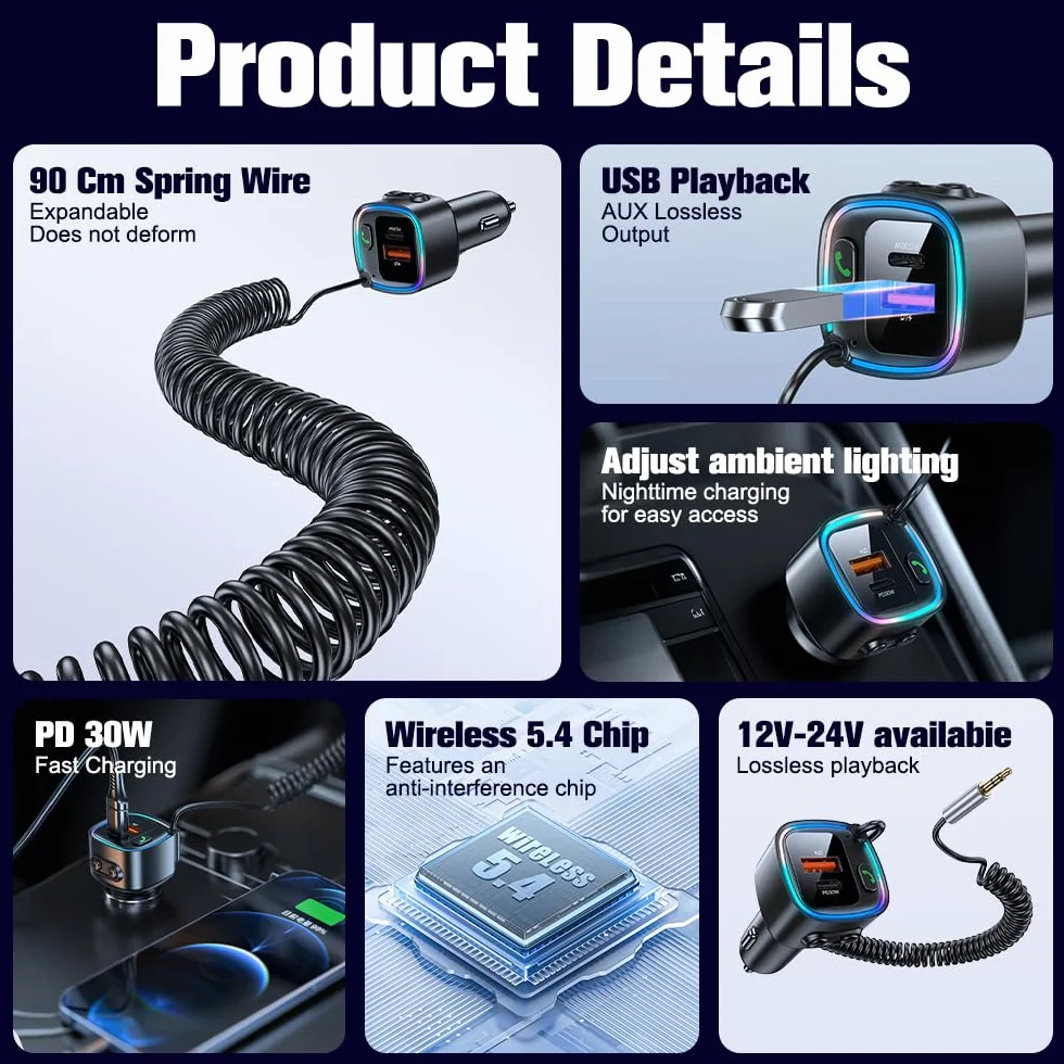 Aux Bluetooth Auto 5.4 adapter samochodowy Bluetooth Bluetooth z gniazdem AUX 3,5 mm, ładowarka samochodowa 42 W, szybkie ładowanie PD 30 W i QC 12 W, kabel sprężynowy 90 cm