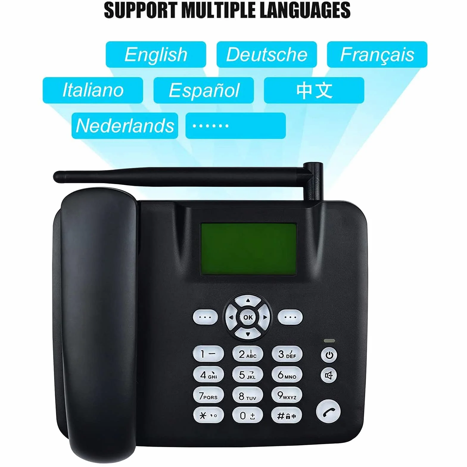 IBOWZ Czteropasmowy telefon stacjonarny gsm klasyczny telefon biurkowy, bezprzewodowa karta SIM telefon komórkowy gsm klasyczny stół, głośny dzwonek, widok identyfikatora dzwoniącego, do domowego