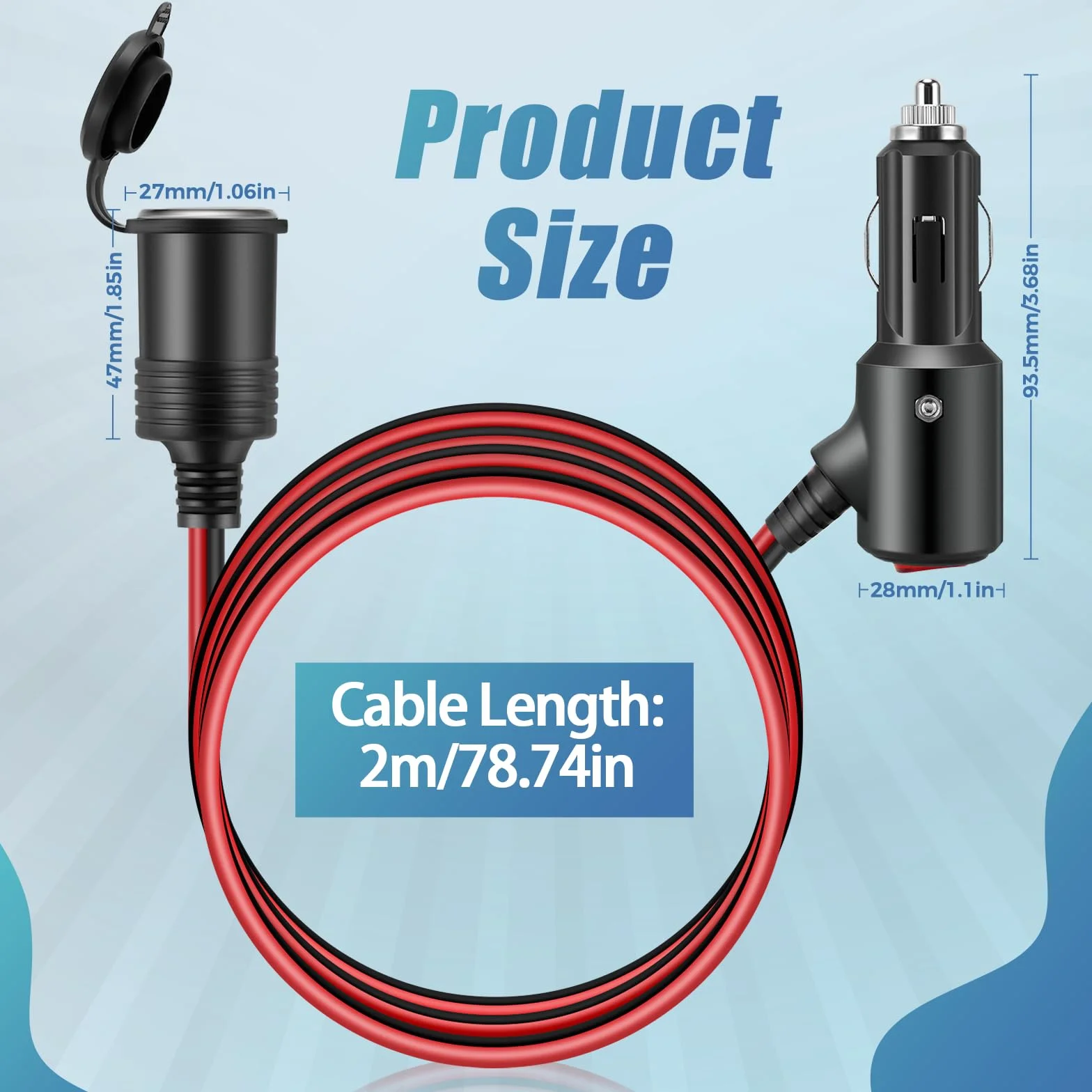 Thlevel 2 metr Wodoodporny kabel przedłużający do zapalniczki samochodowej y z włącznikiem/wyłącznikiem 16AWG z bezpiecznikiem 15A 12V/ 24V DC