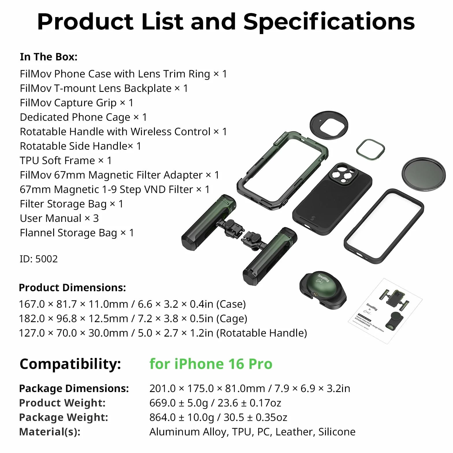 SMALLRIG x Brandon Li Mobile Video Kit do iPhone'a 16 Pro, Phone Cage z zestawem lekkiego etui na telefon FilMov, obrotowymi bezprzewodowymi uchwytami QR, zestawem filtrów VND 67 mm - 5002