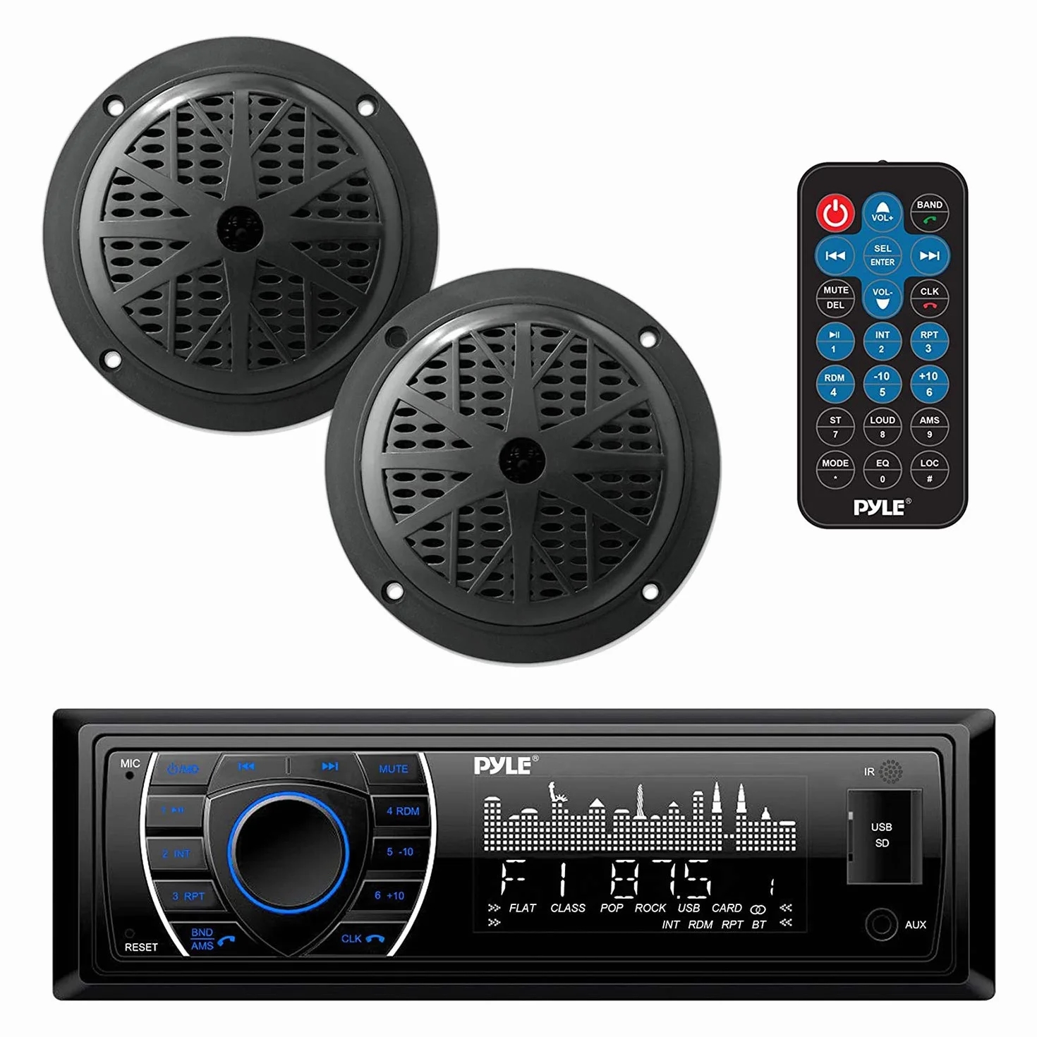 Pyle zestaw morskiego odbiornika i głośników – wbudowane cyfrowe radio stereo LCD z Bluetooth i mikrofonem, system AM/FM, 2 wodoodporne głośniki 5,25", odtwarzacz MP3/SD oraz pilot zdalnego sterowania
