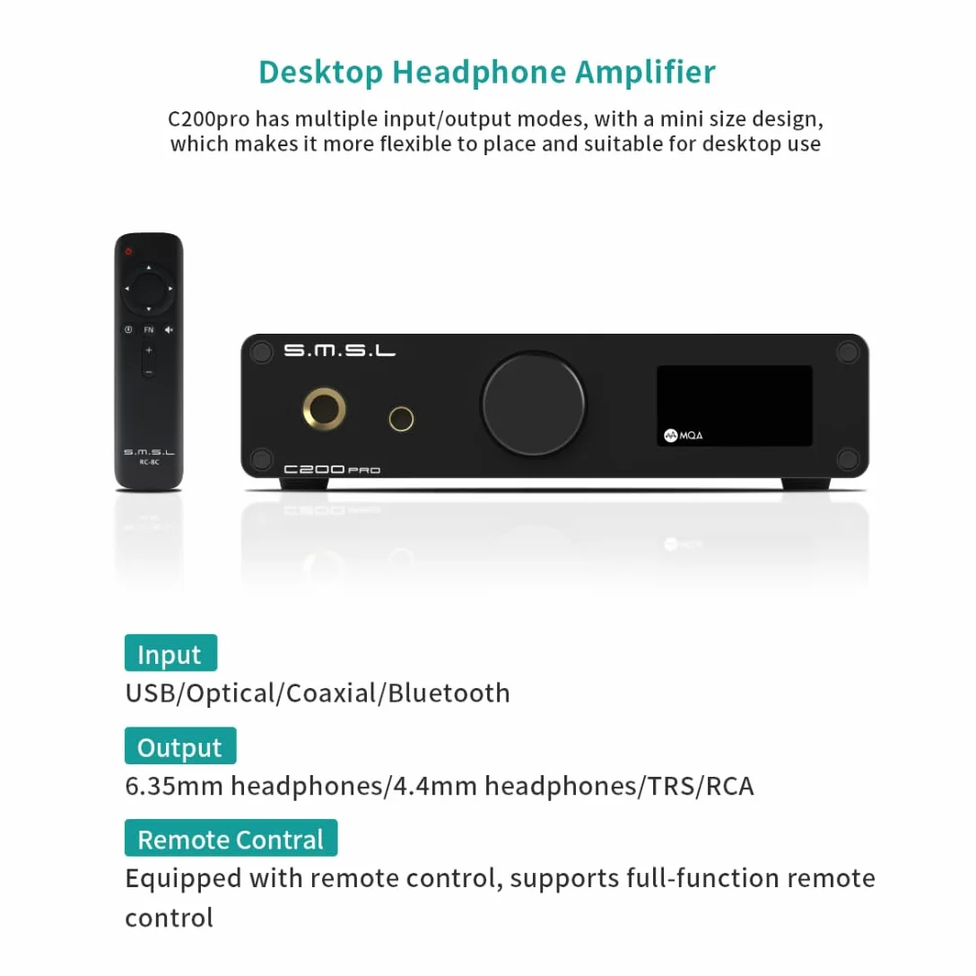 SMSL C200Pro HiFI Audio Decoder MQA-CD DSD ES9039Q2M XMOS XU316 obsługa Bluetooth 5.1 USB optyczny koncentryczny 6,35 mm wyjście 4,4 mm wzmacniacz słuchawek