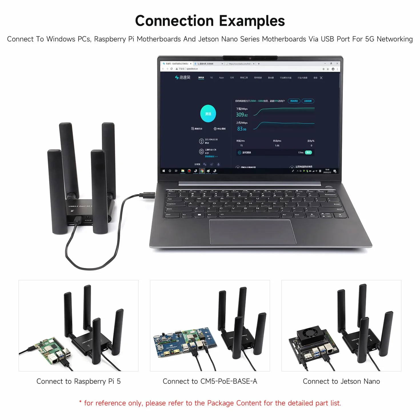 Waveshare 5G DONGLE Expansion Board ONLY, USB 3.2 Port, Aluminum Alloy Case, Quad Antennas, Onboard M.2 Key B Interface, Does NOT Include 5G Module