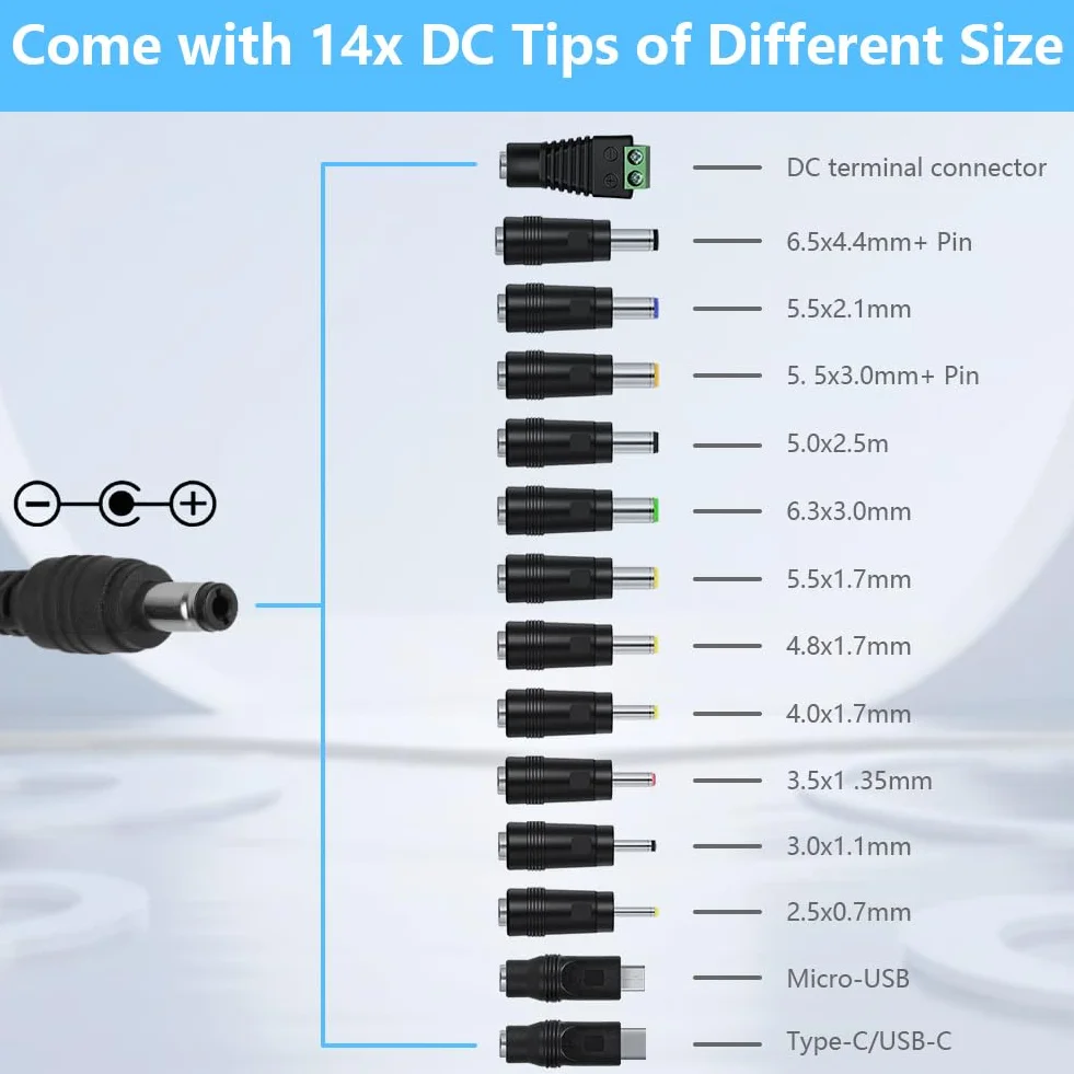 AXFEE Regulowany adapter sieciowy 3 A 72 W, zasilacz 3 V-24 V, uniwersalny 100 V-240 V AC na DC, 5,5 mm z 14 adapterami