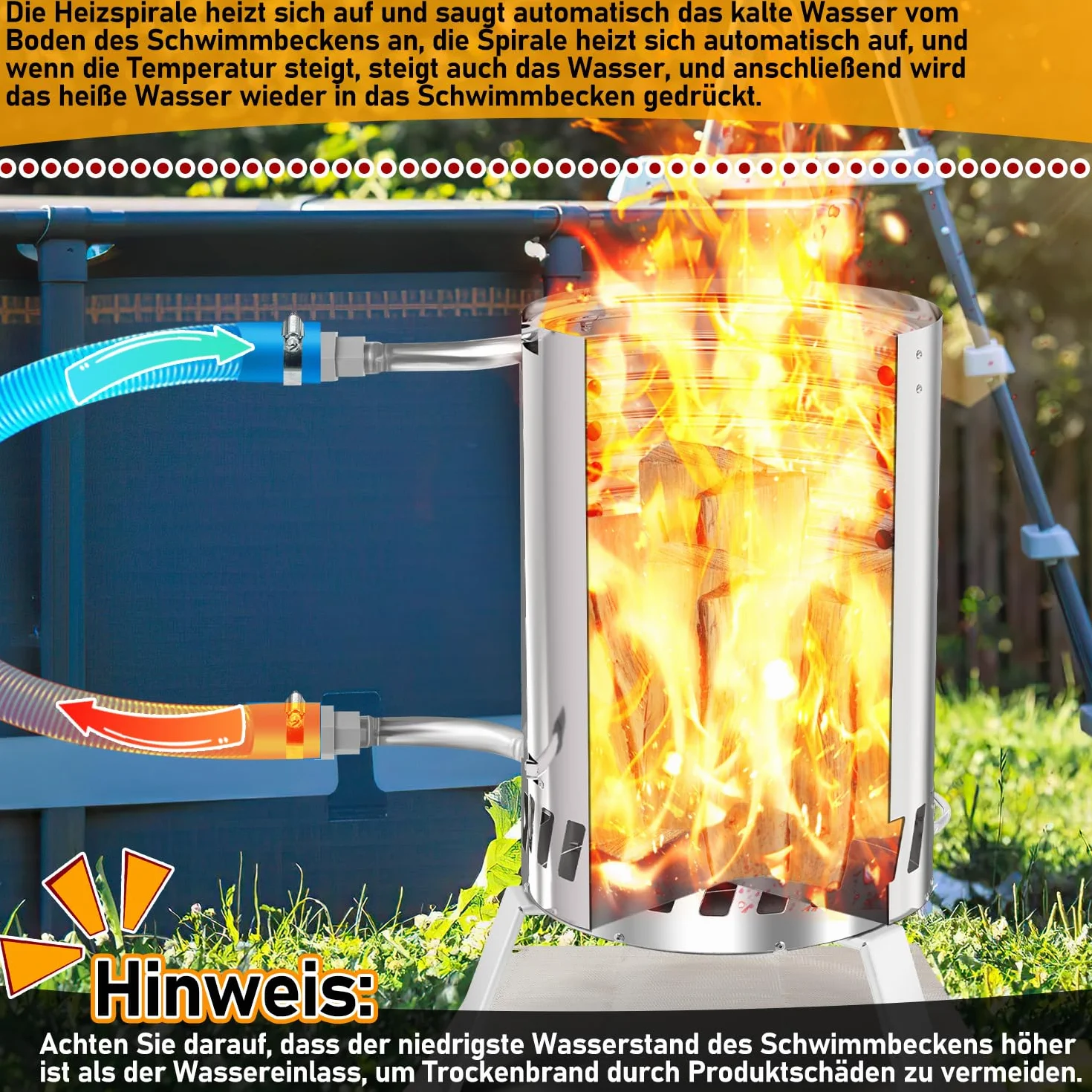 Sonnewelt Ogrzewanie basenu z ogniem i spiralą grzewczą, 100% stal nierdzewna, przyłącze Ø 32/38 mm, do 300 °C
