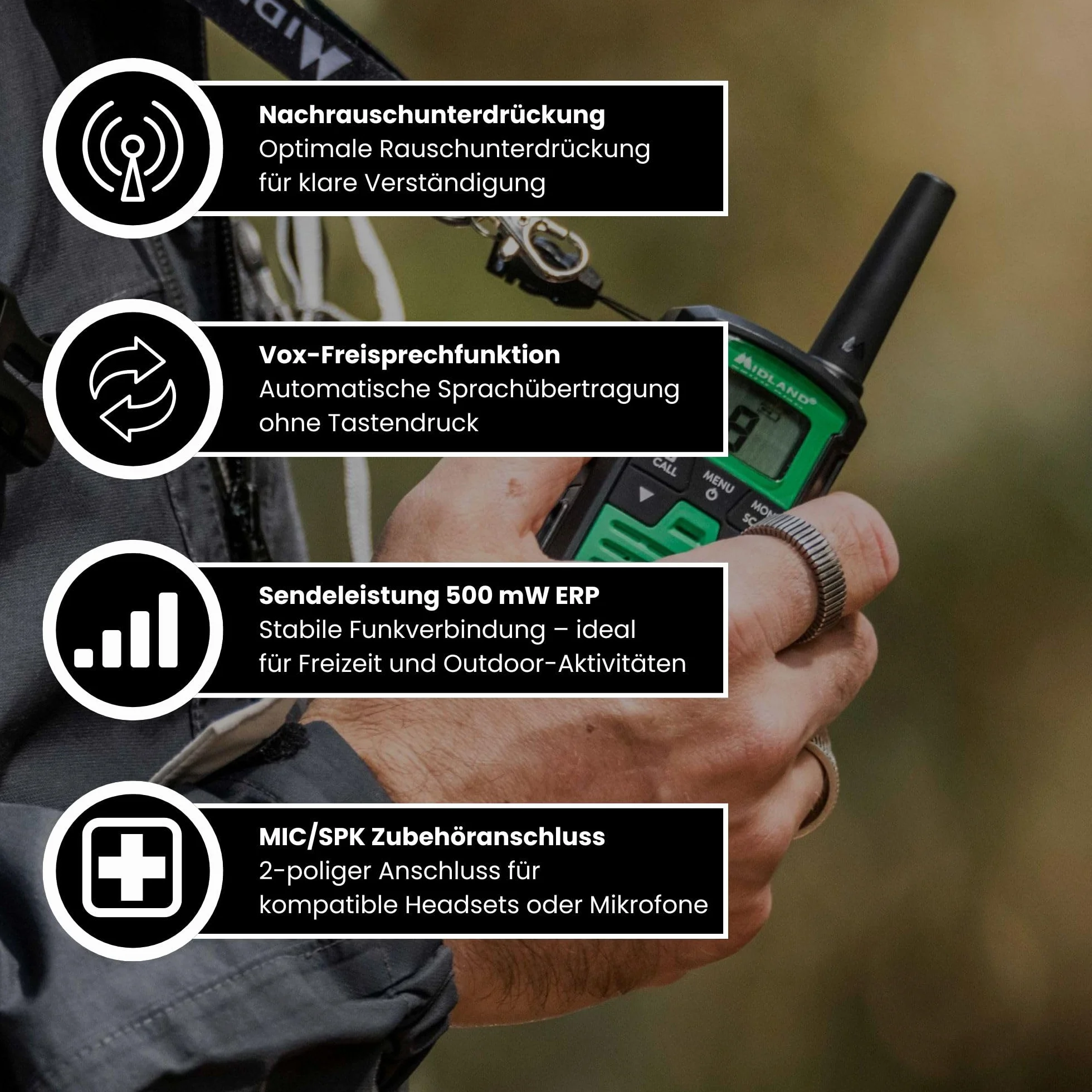 Midland XT30 PRO Doble, Walkie Talkie Profesional de Carga Rápida, 16 Canales PMR446 y Canal RRM, 38 Tonos CTCSS, Resistente a Salpicaduras, Recargable USB, Alcance de 6 Km, Verde/Negro, 2 Unidades