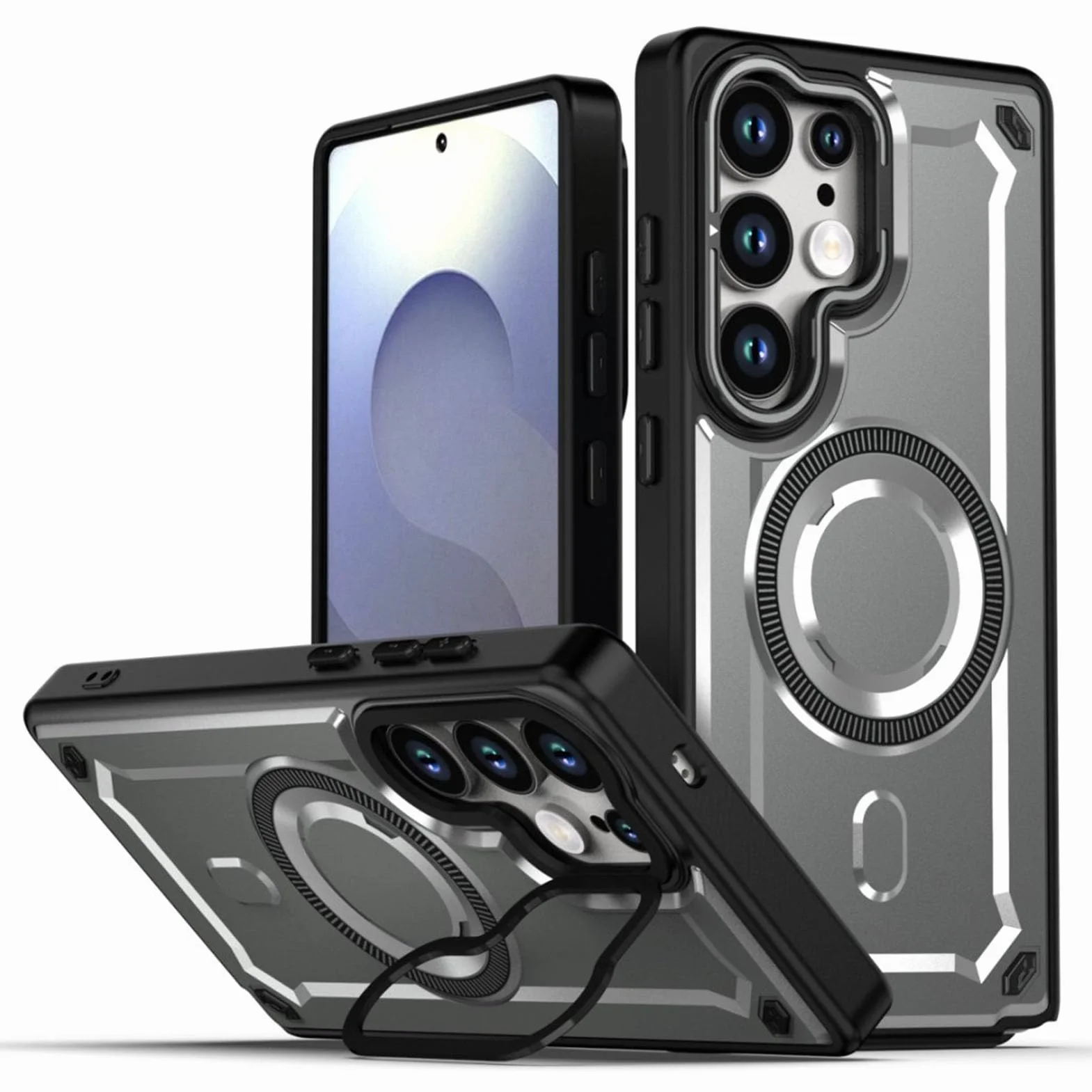 Magnetyczne etui do Samsung Galaxy S26 Ultra/S26+/S26, ramka na obiektyw z klapką stojak etui do ładowania bezprzewodowego odpornego na wstrząsy etui, szary, S26+