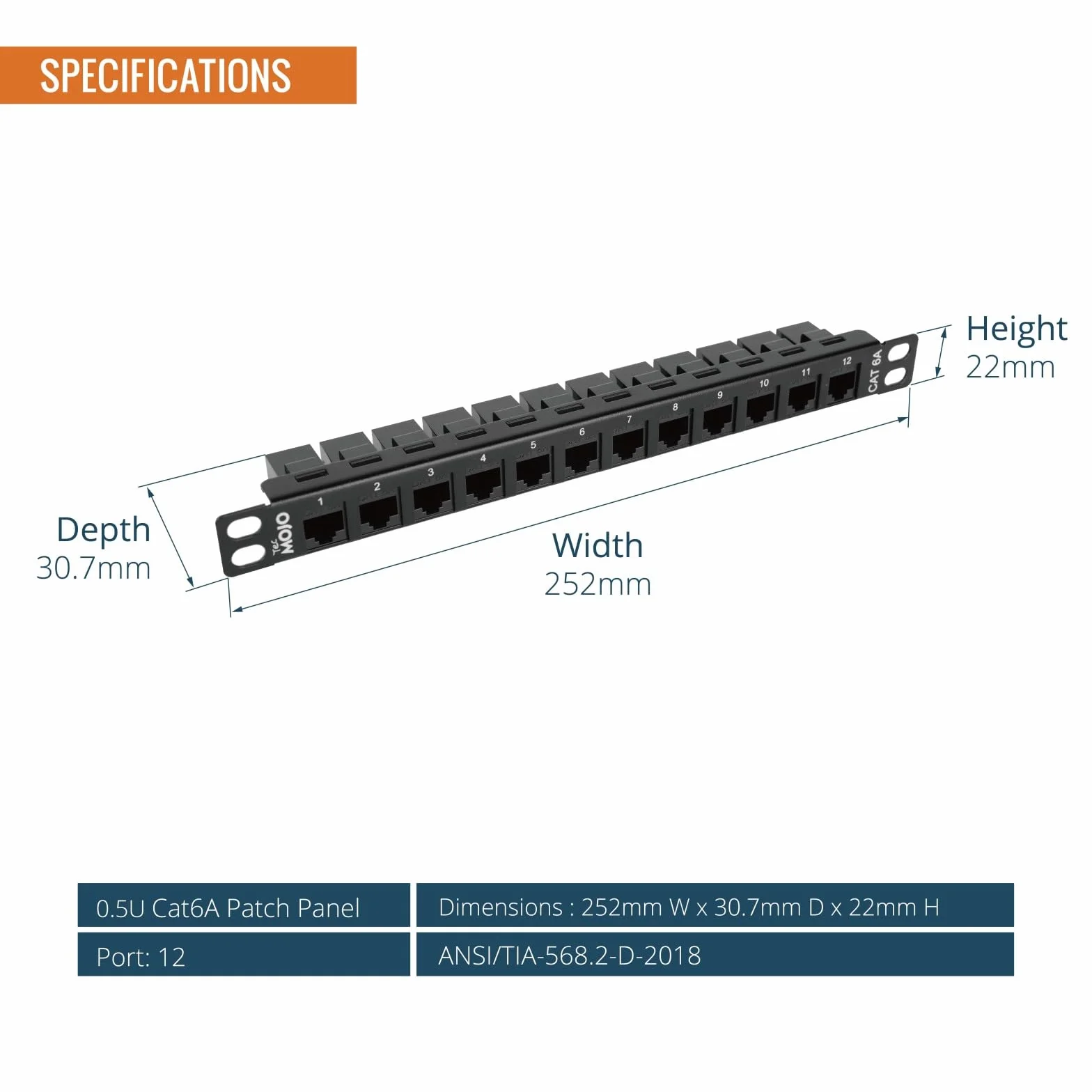 Tecmojo 10-calowy 12-portowy panel krosowy Cat6A, 0,5U panel modułowy do montażu w szafie ze złączem RJ45 Keystone, do szaf serwerowych 10 cali i szaf sieciowych, 10-Gigabit Ethernet, czarny