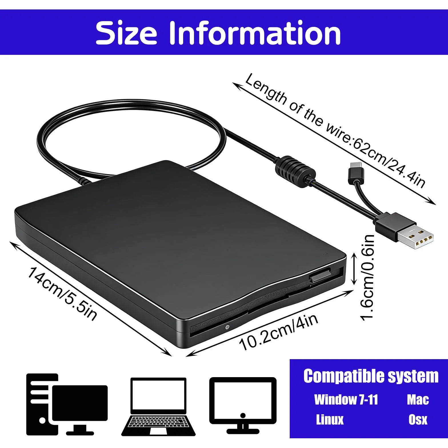 Zewnętrzna stacja dyskietek USB 1,44 MB 3,5 cala Slimline Floppy Disk Drive kompatybilna z PC i Mac Plug and Play
