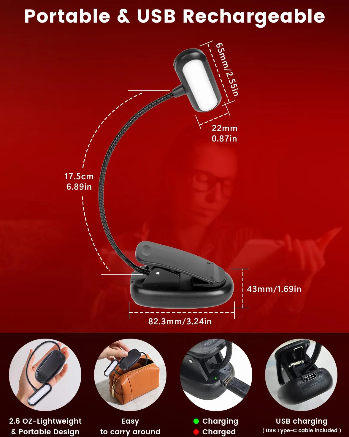Czerwona Światło do Czytania 670nm z Zaciskiem, Regulowana USB-Ładowana Lampka Nocna dla Snu i Ochrony Wzroku, Przenośna Książkowa z Pamięcią Jasności [Klasa Energetyczna F]