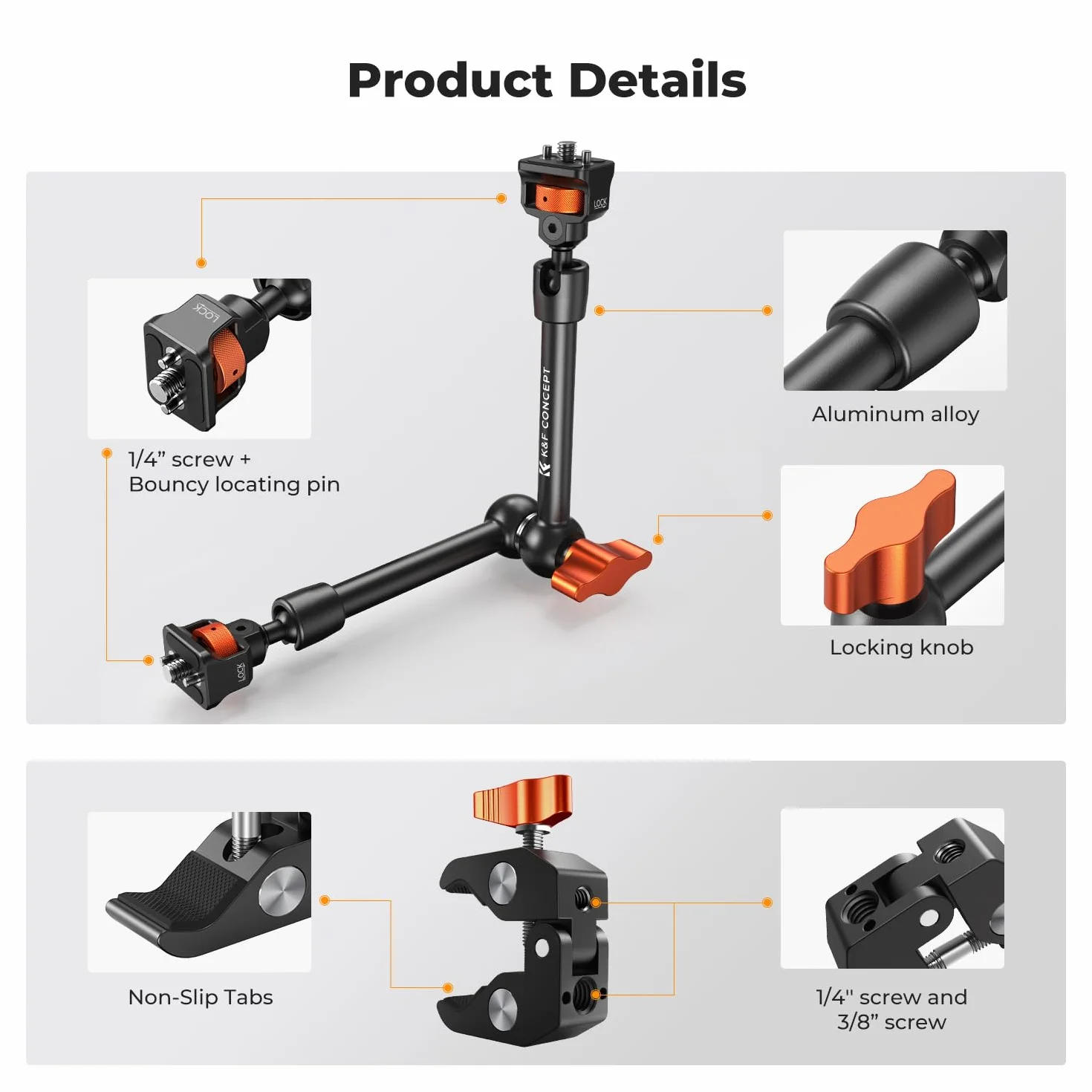 K&F CONCEPT 11 cali Magic Arm z Super Clamp, uchwyt na kamerę do klatki, monitora LED, światła, aparatu akcji, obciążenie 2 KG