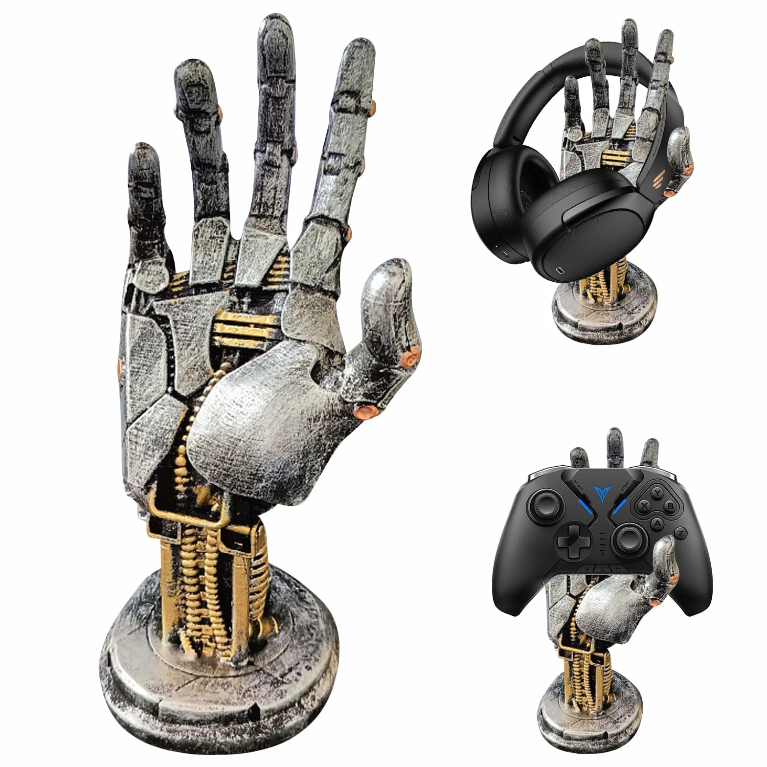 Cyberpunk stojak na słuchawki i uchwyt na kontroler: akcesoria gamingowe premium z ramieniem robota, akcesoria dla graczy do organizacji biurka, futurystyczny design z żywicy o wyglądzie metalu