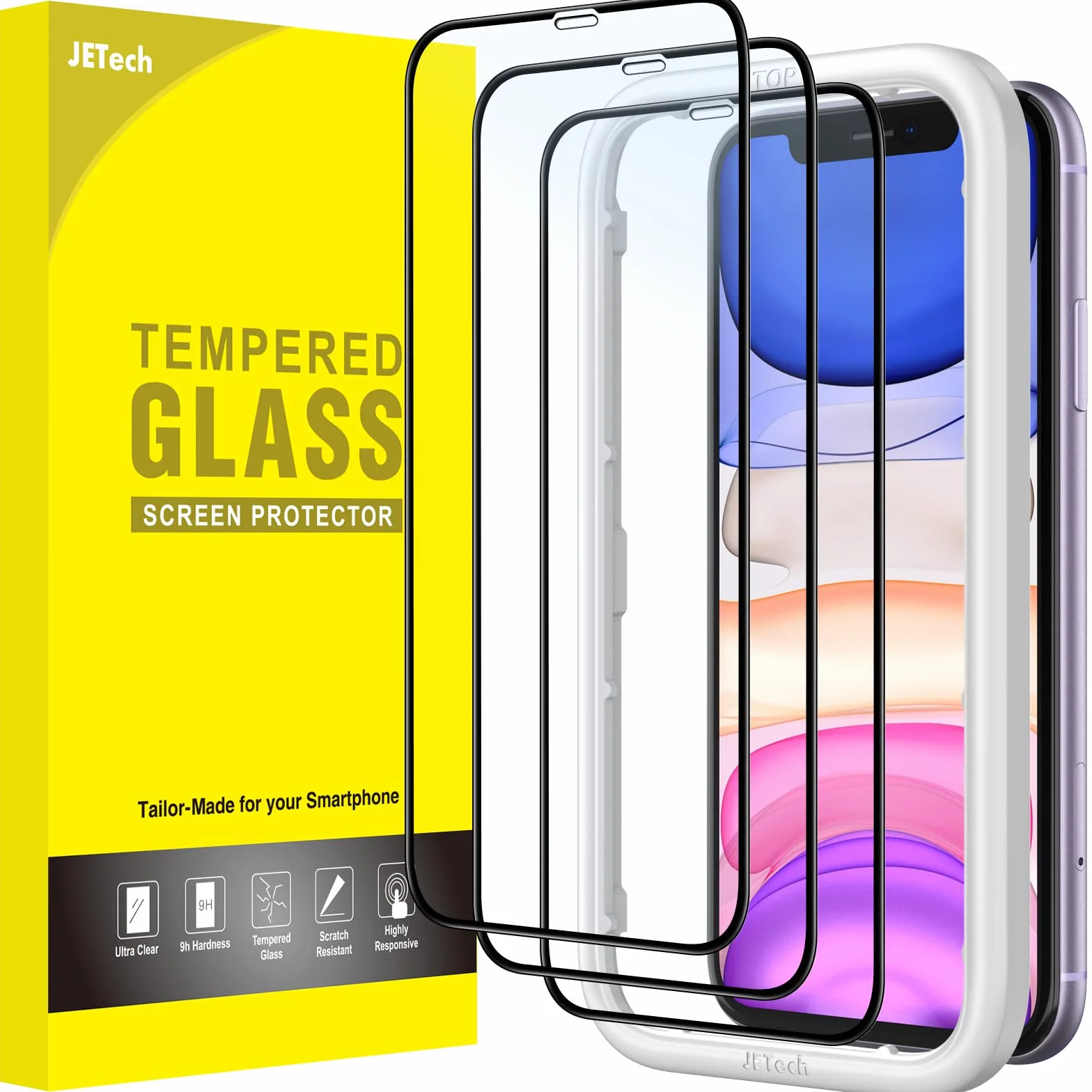 JETech Pełny Pokrycie Ochraniacz Ekranu dla iPhone 11/XR 6,1 Cala, Czarna Krawędź, Screen Protector z Szkło Hartowane Film Folia z Narzędzie Łatwej Instalacji, HD Przezroczyste, 3 Sztuki