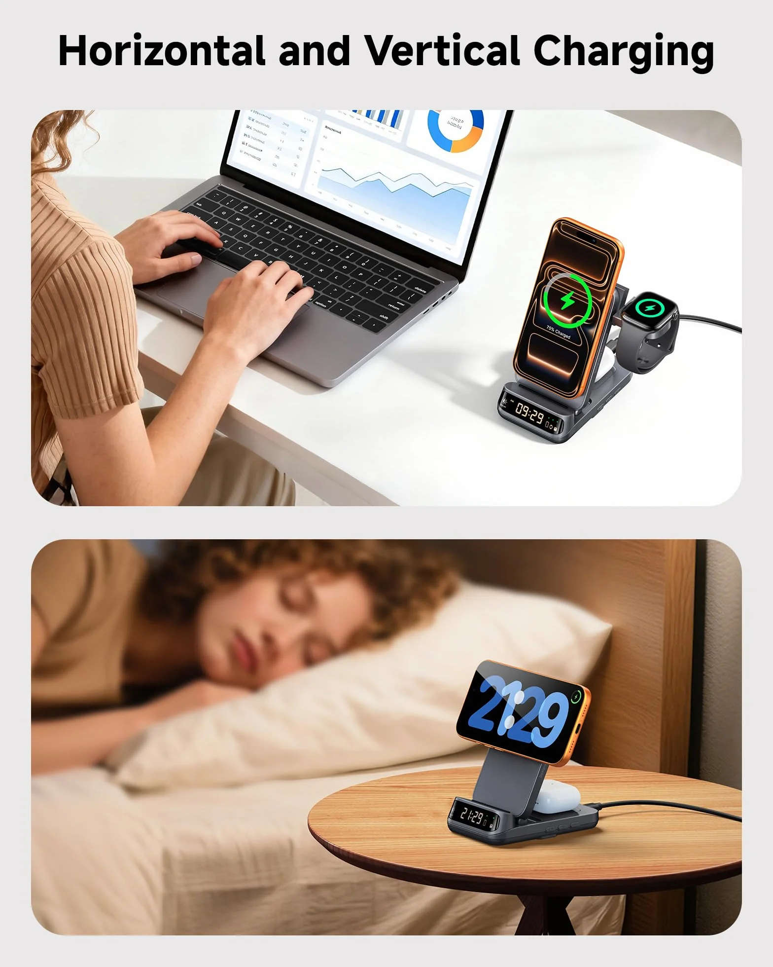 Bezprzewodowy stojak na ładowarkę 25 W 3 w 1, kompatybilny z MagSafe, składana podróżna magnetyczna stacja ładująca z zegarem do iPhone'a serii 17/16/15, Apple Watch, Air Pods, SwanScout 708M-25W