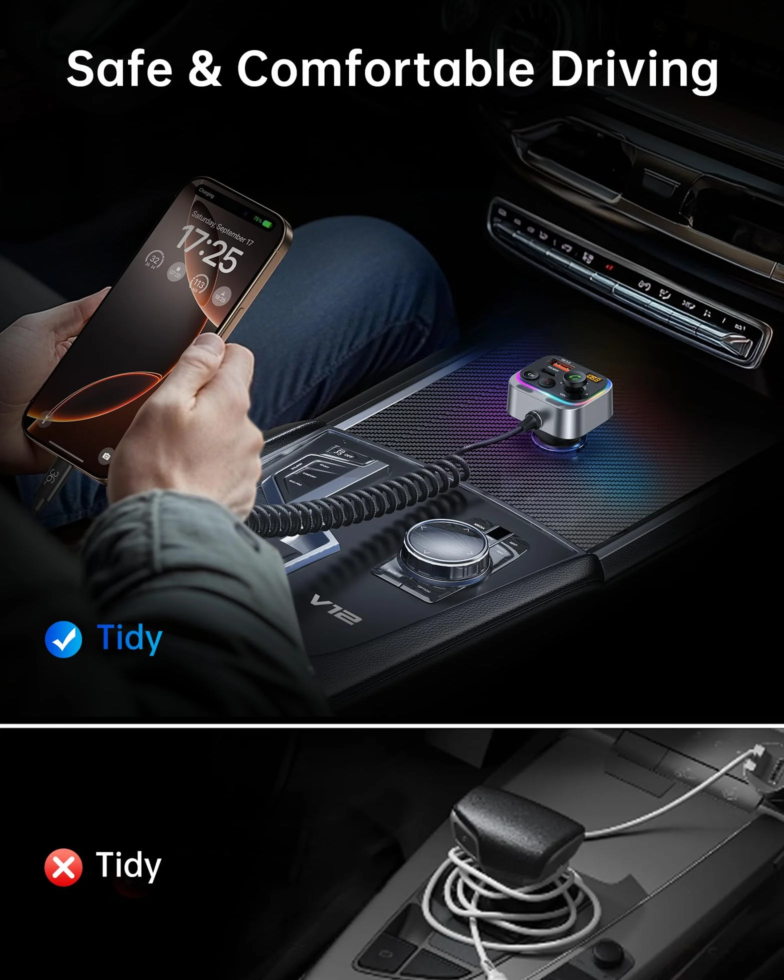 Syncwire Transmiter FM Bluetooth 5.4, adapter samochodowy, 66 W, PD QC 3.0, ładowarka samochodowa z kablem spiralnym USB-C, bezprzewodowy adapter radiowy FM, silne mikrofony i basowy dźwięk Hi-Fi,