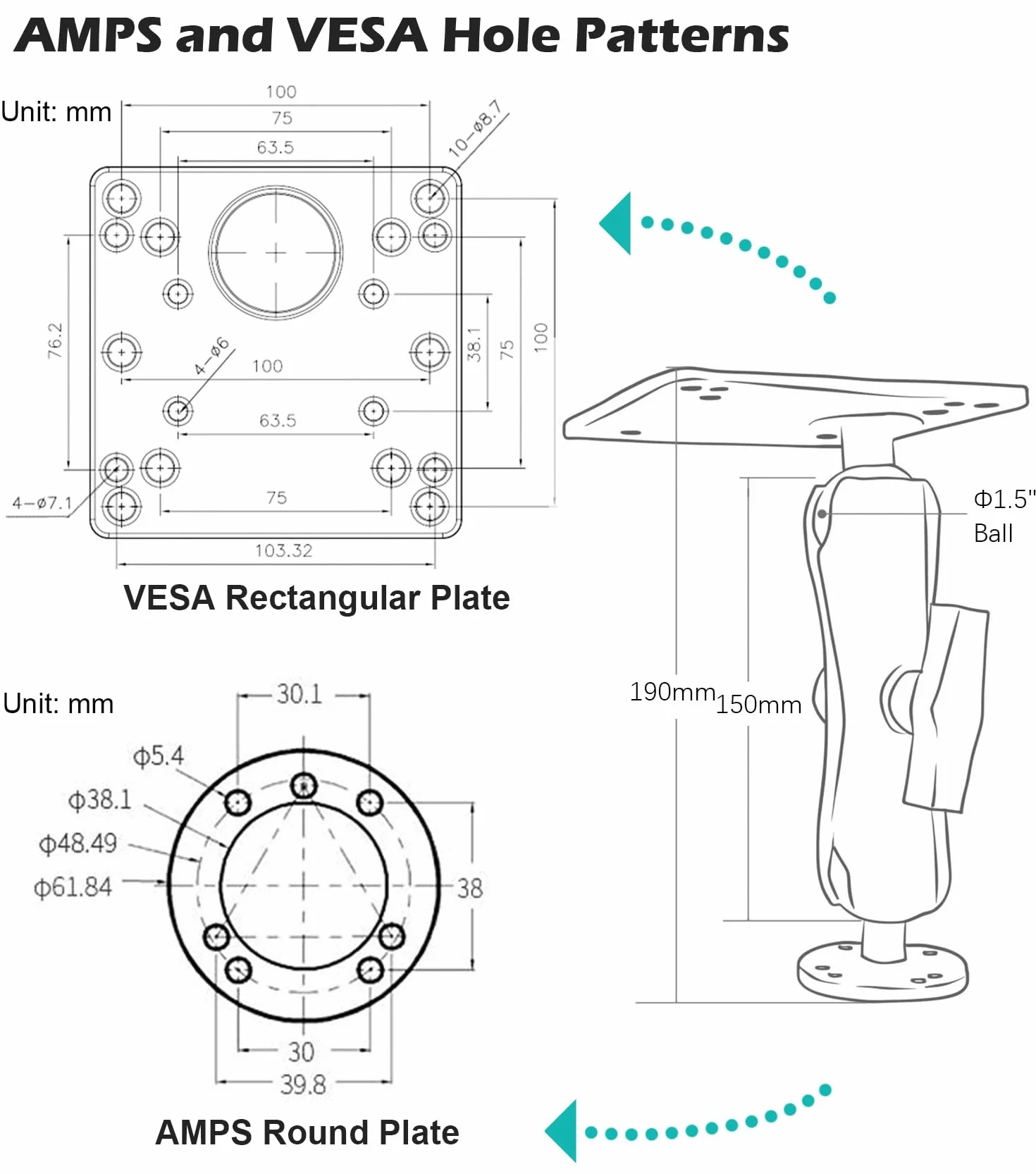 Aluminiowe ramię łączące 1,5" z podstawą VESA 100 x 100 mm, przemysłowy uchwyt do monitora, podwójne ramię z adapterem kulowym 38 mm/1,5 cala/C, obracane o 360°, kompatybilne z uchwytami Ram