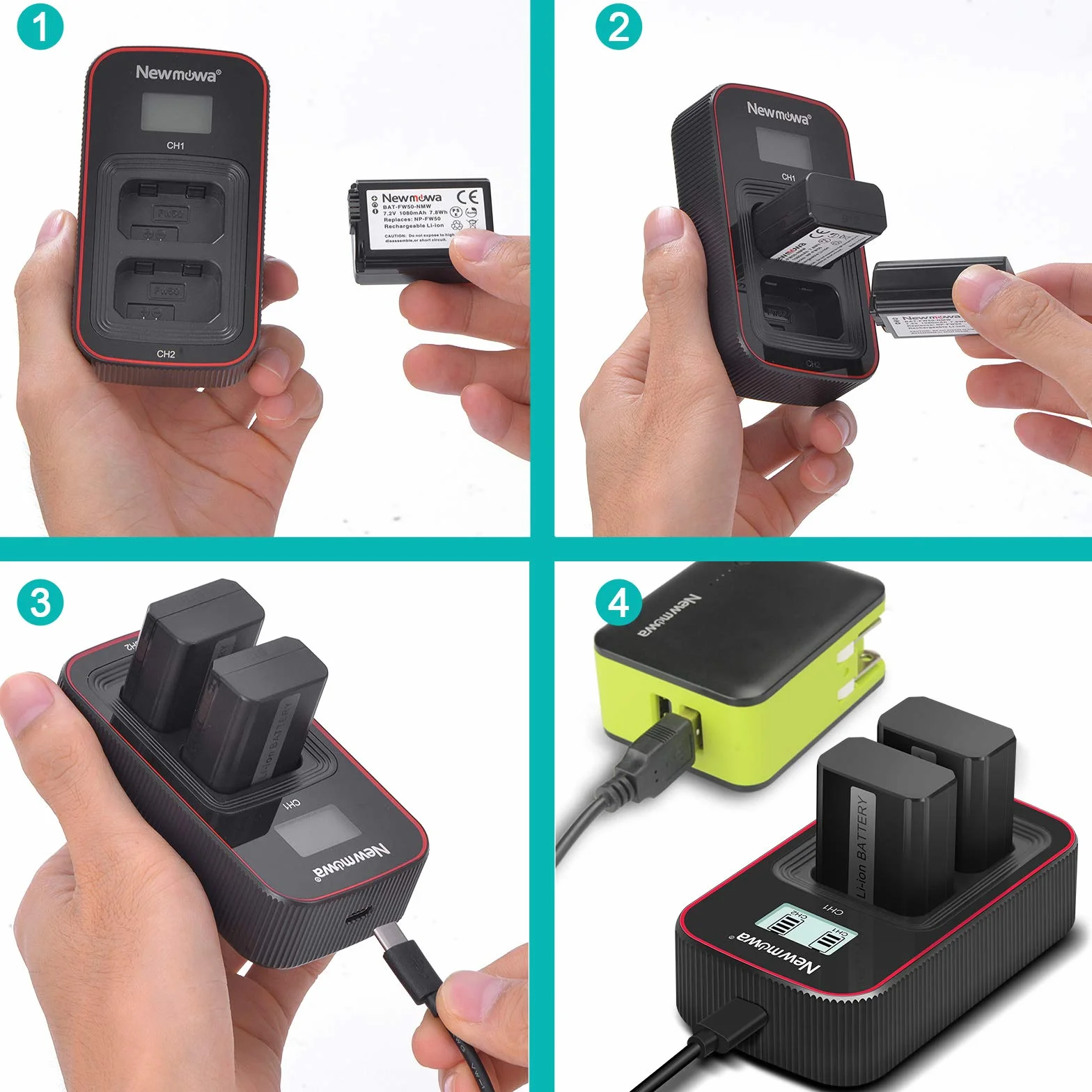Newmowa Inteligentny wyświetlacz LCD podwójna ładowarka USB do Sony NP-FW50, Sony Alpha a3000, Alpha a5000, Alpha a5100, a6000, a6100, a6300, a6400, a6500, Alpha 7, a7, Alpha 7R, A7R, Alpha 7S, a7S