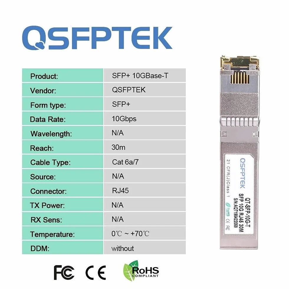 QSFPTEK 1,25G/2,5G/5G/10G-T SFP+ RJ45 30 m 10 Gb-T moduł miedziany 10GBASE-T nadajnik-odbiornik Mini-Gbic do Cisco SFP-10G-T-S, Ubiquiti UF-RJ45-10G, Mikrotik, do 30 m