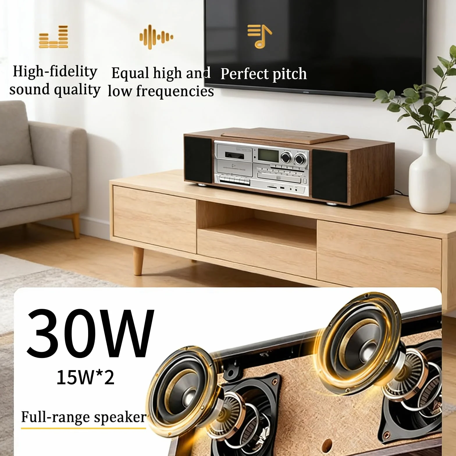 Odtwarzacz CD/MP3/kasetowy z radiem FM i pilotem zdalnego sterowania – centrum multimedialne z wbudowanymi głośnikami stereo i wejściem USB/AUX, wykończenie w stylu retro