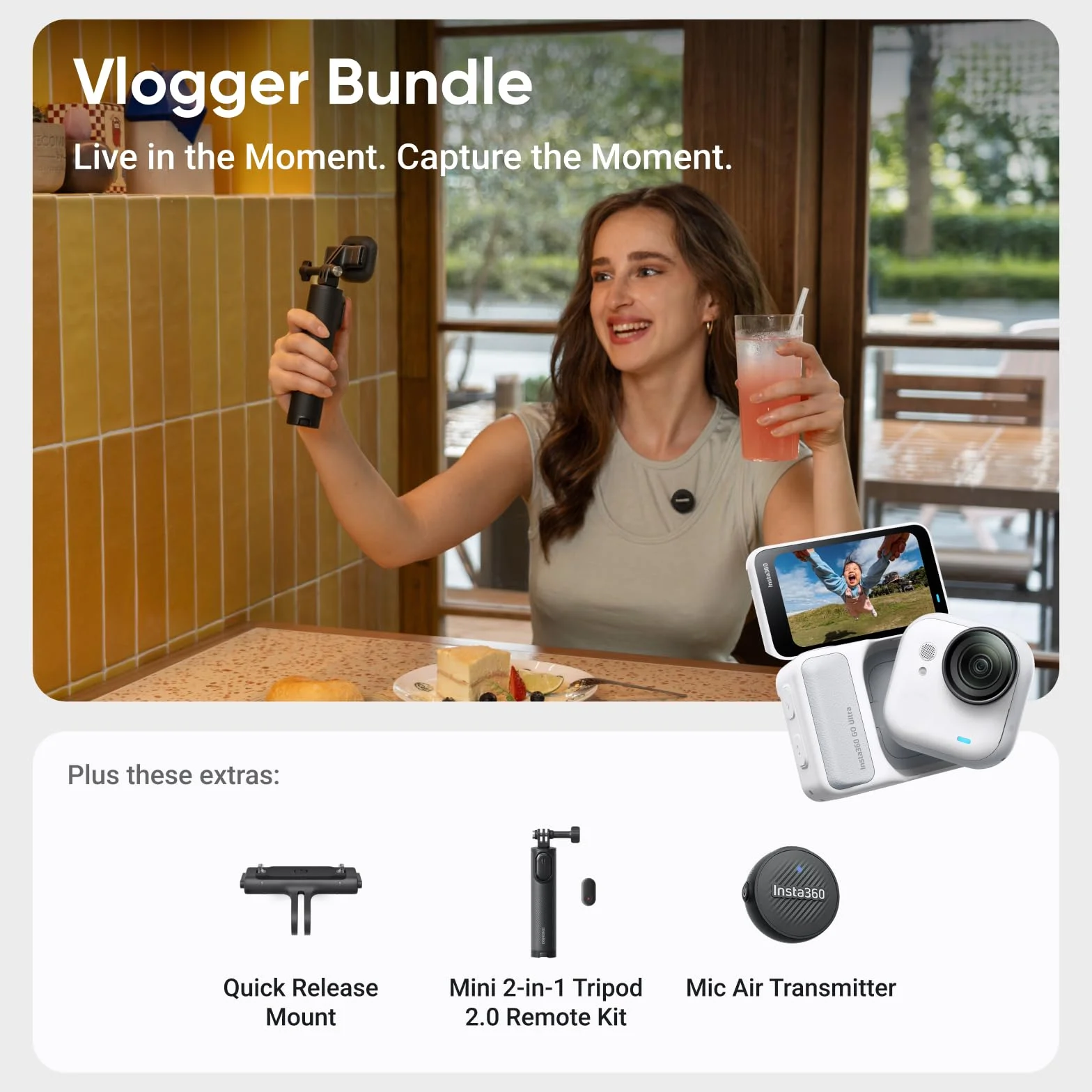 Insta360 GO Ultra Vlogger zestaw mini kamery 4K bez użycia rąk, lekki i mobilny, do montażu w dowolnym miejscu, stabilizacja FlowState, akumulator 200 min, wodoszczelny 10 m, rower