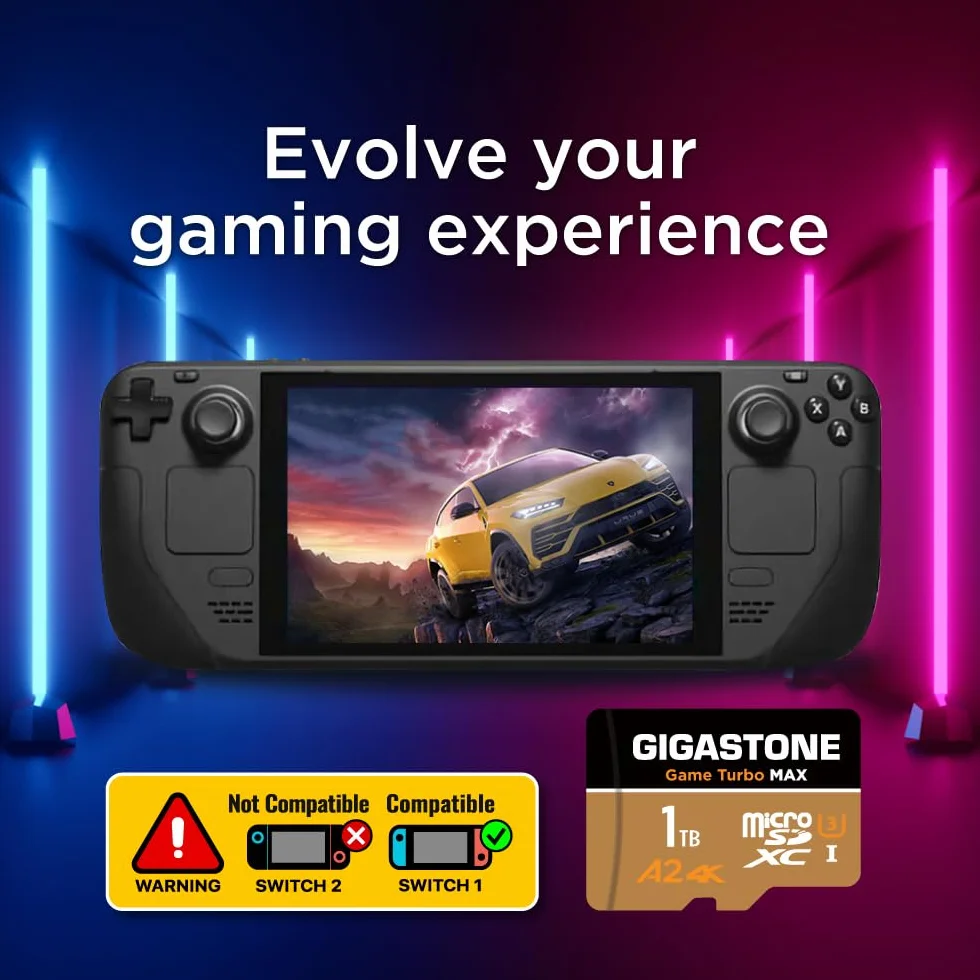 [5 lat darmowe odzyskiwanie danych] GIGASTONE 1 TB, Game Turbo Max, prędkość do 160/140 MB/s, dla Steam deck, 4K Wideo A2 V30 U3 MicroSDXC z adapterem