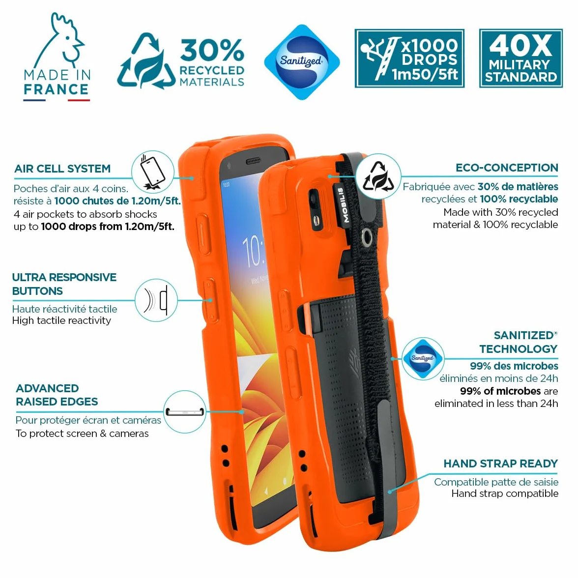 Mobilis Etui ochronne dla Zebra TC22 TC27 z zabezpieczeniem przed upadkiem na nadgarstek i uchwytem na długopis, etui w jakości militarnej, żywe kolory neonowe zapewniają wysoką widoczność i