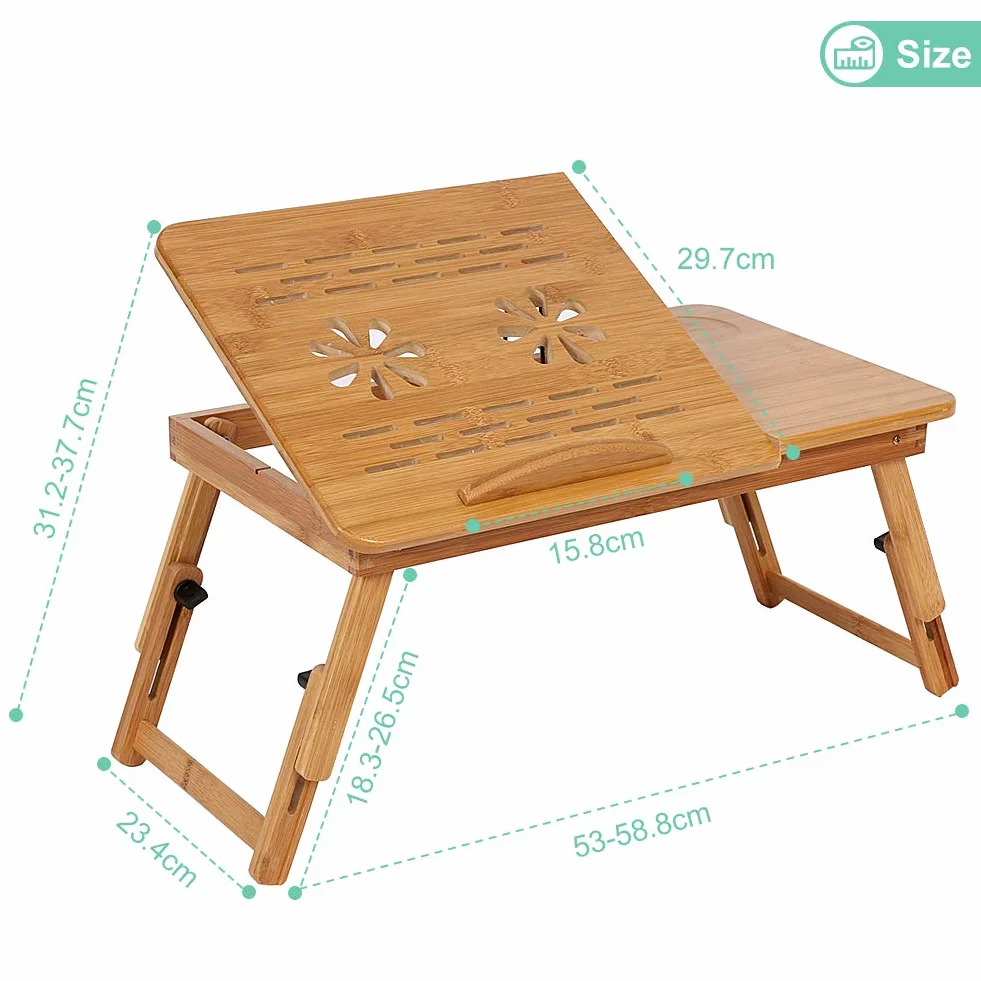 Ejoyous Bambusowy stolik na laptopa, regulowana składana wysokość Bambusowe łóżko lapdesk lapdesk z szufladą i otworami wentylacyjnymi