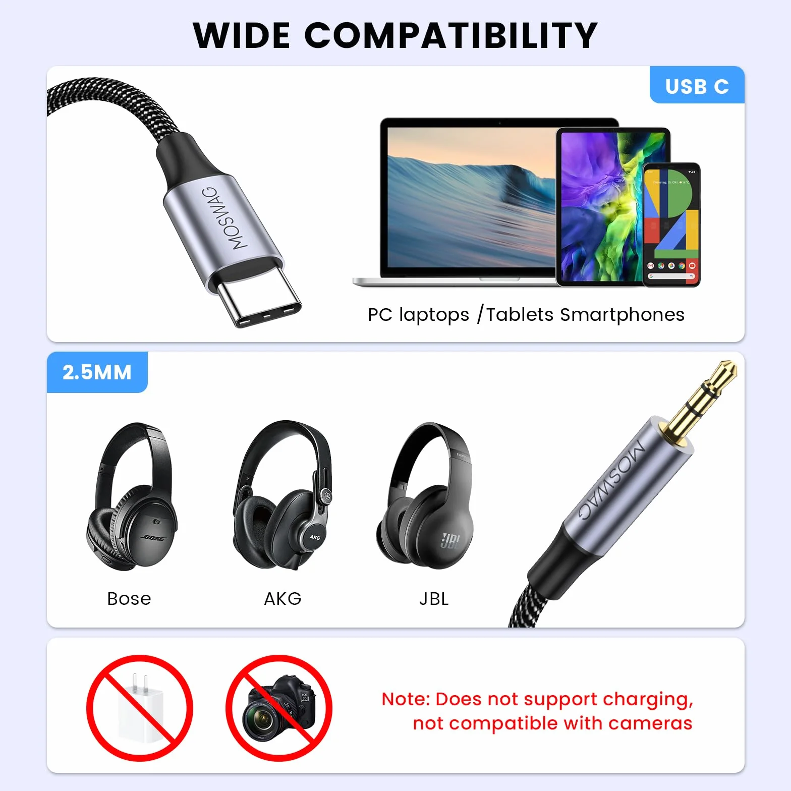 MOSWAG Kabel audio USB C na 2,5 mm, USB C na 2,5 mm, przedłużacz do słuchawek Bose QuietComfort SE, QCSE, QC45, QC35 II, QC35, QC25 i innych słuchawek